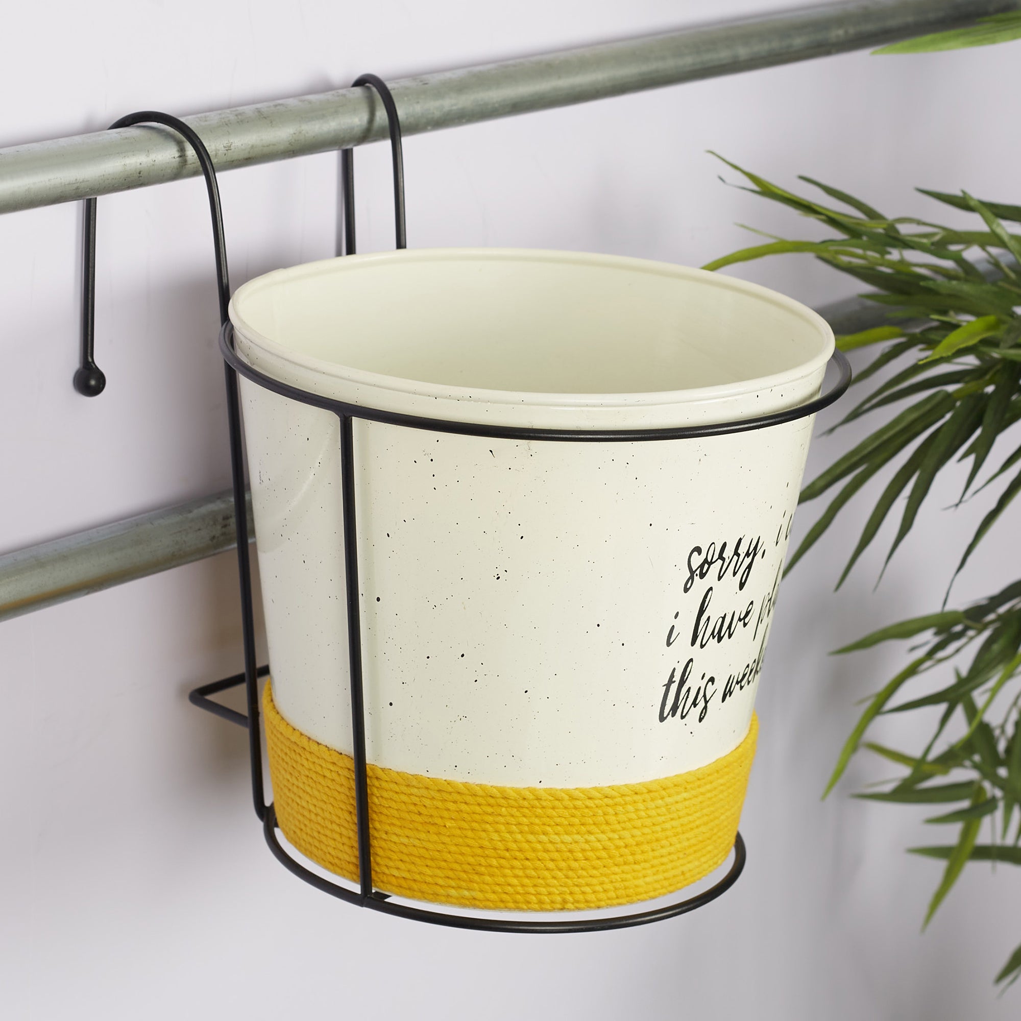 Pep Pop Metal Quote Railing Planter 26Cm in Off White & Yellow Colour