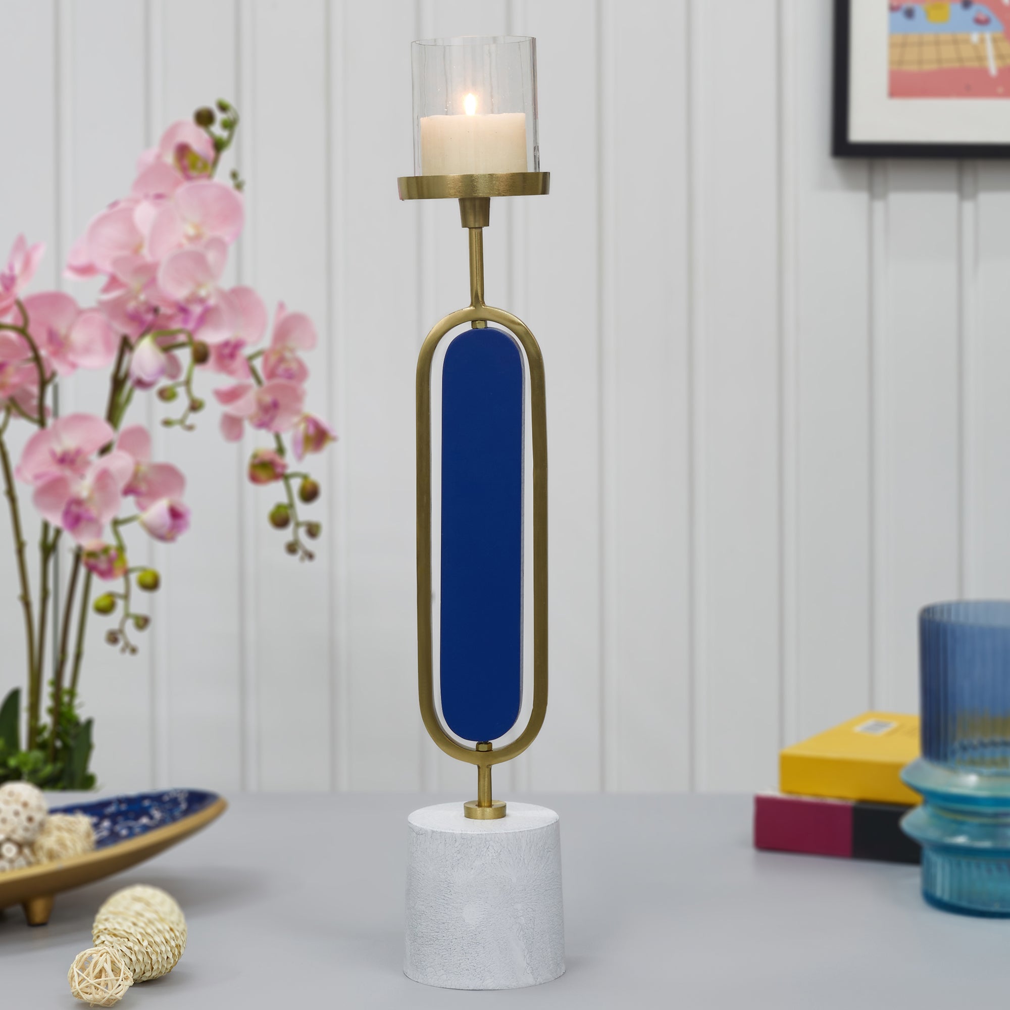 Athena Wood, Metal and Glass Oval Candle Holder 10x50 Cm in Navy Blue Colour