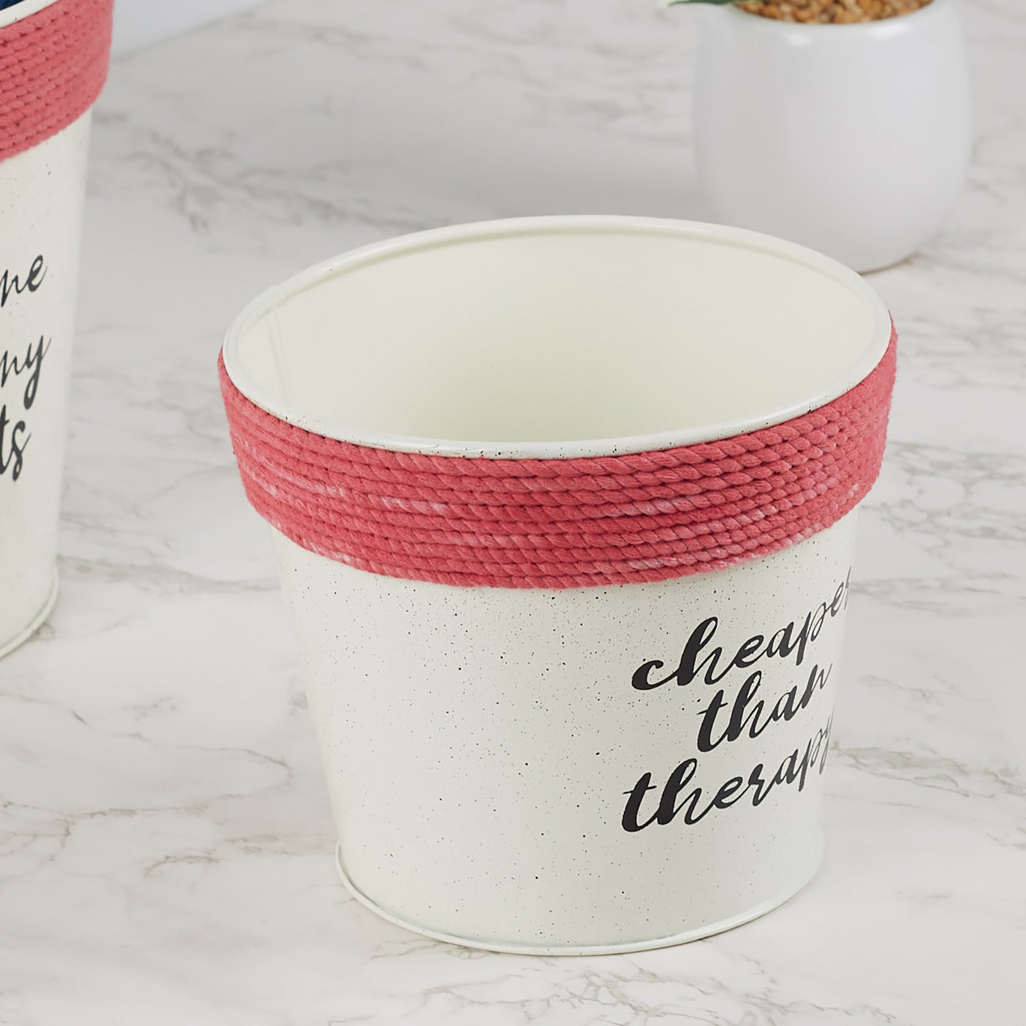 Pep Pop Metal Funky Quote Planter 14Cm in Off White & Fuchsia Colour