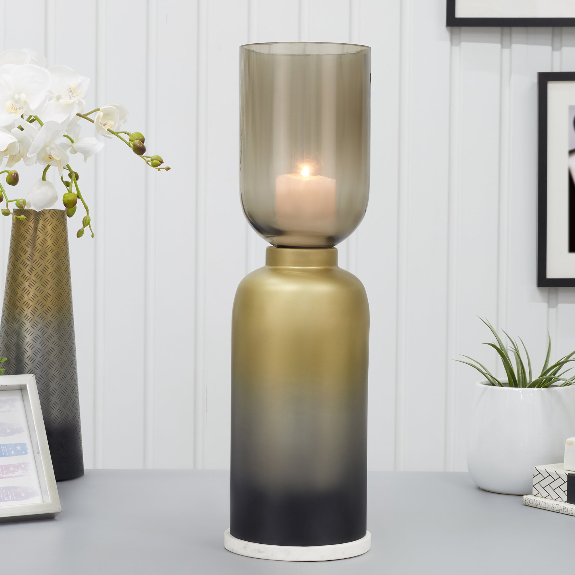 Zeus Iron and Glass Ombre Floor Hurricane 20x63 Cm in Antique Gold & Black Colour