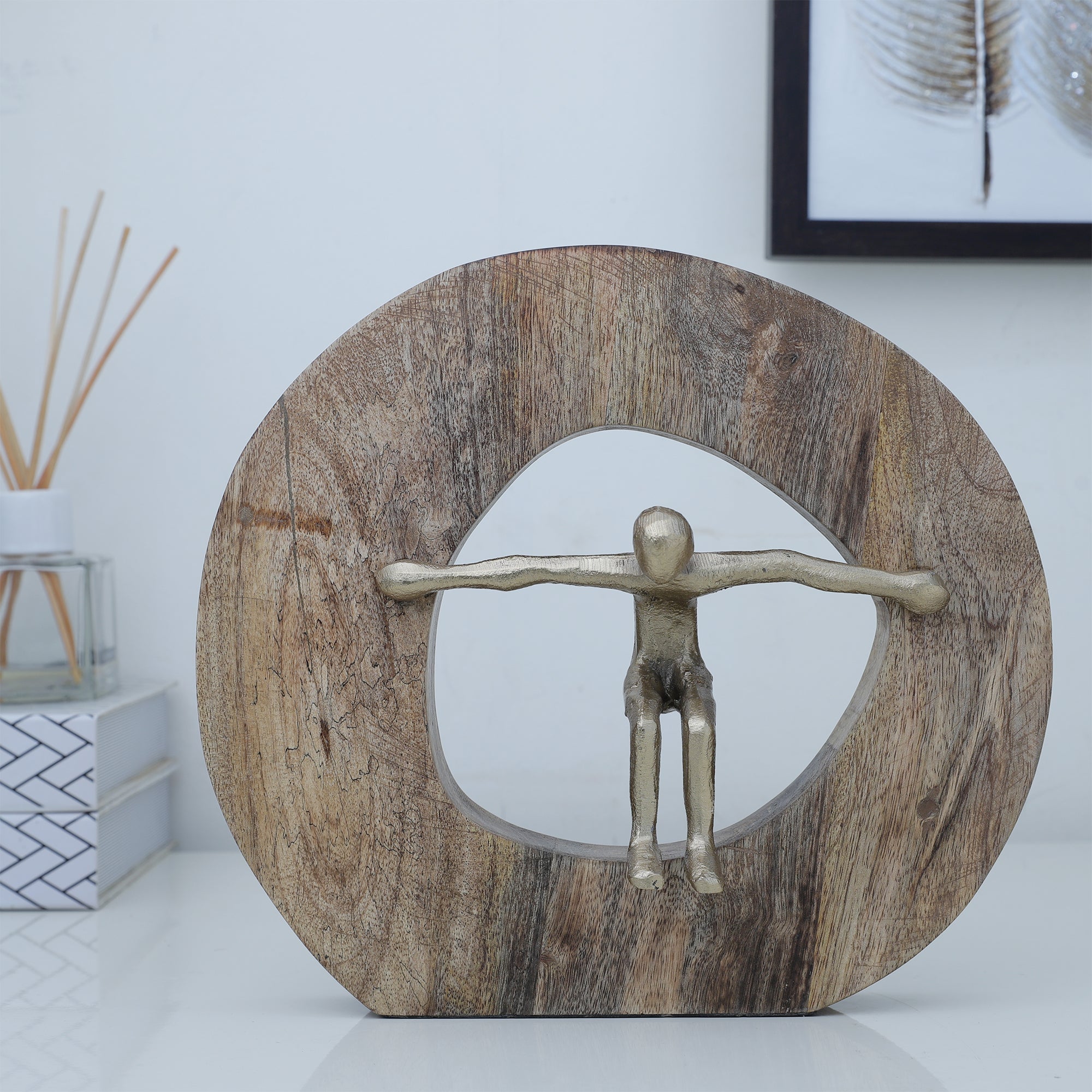 Walton Wood Metal Human And Wood Figurine in Natural Wood And Gold Colour