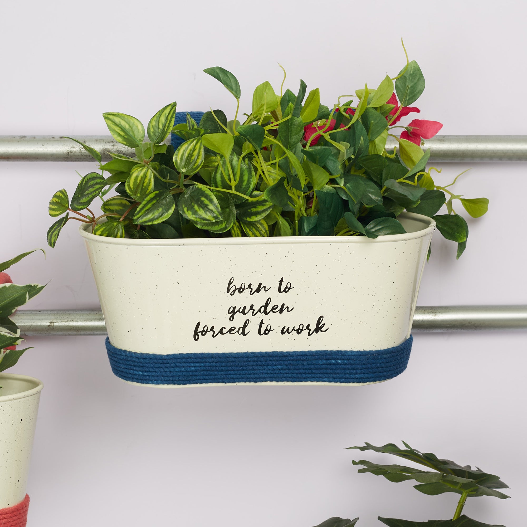 Pep Pop Metal Funky Quote Railing Planter 28X19Cm in Off White & Indigo Colour