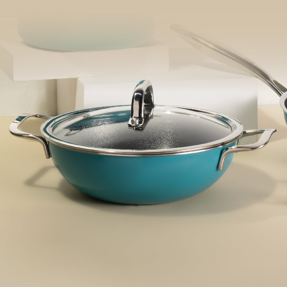 Vida Triply Kadhai 24cm Teal  with Glass Lid