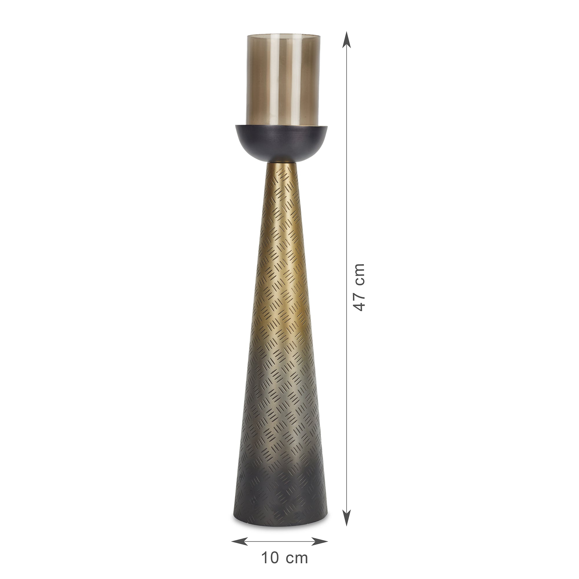 Zeus Iron and Glass Ombre Conical Candle Holder 10x47 Cm in Antique Gold & Black Colour