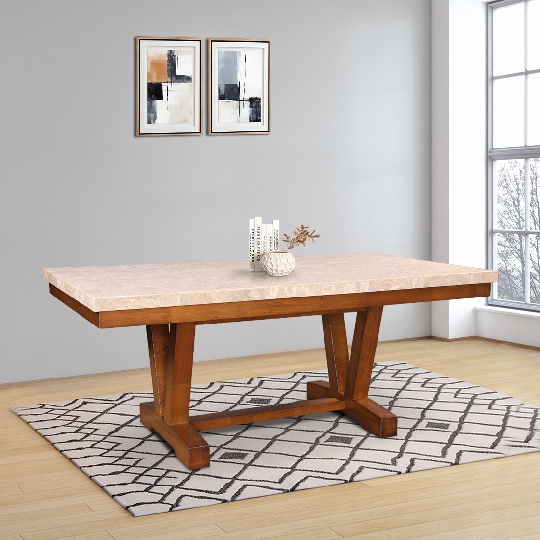 Florentine Marble Finish Six Seater Dining Table in Dark Walnut Colour