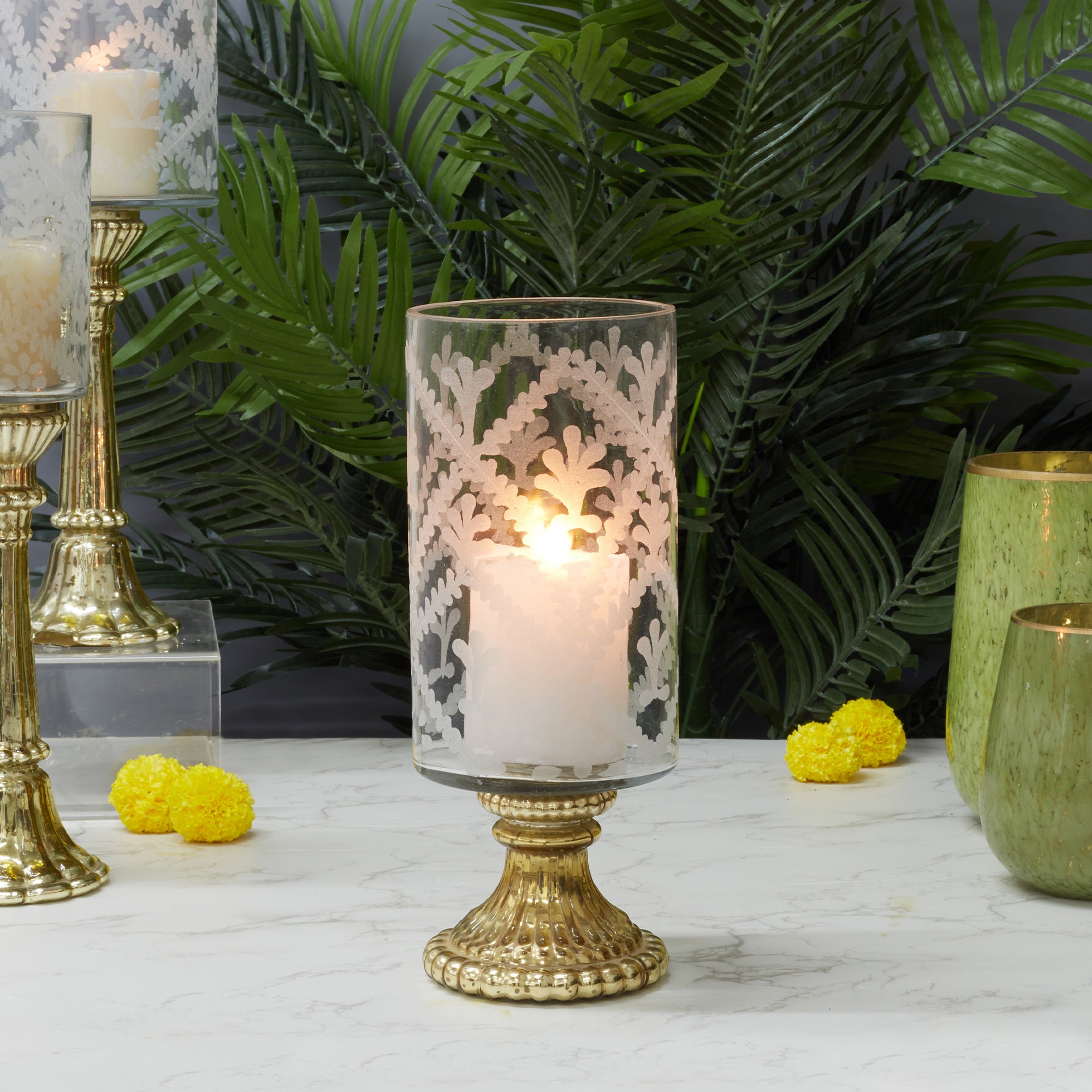 Phiona Glass Etched Handcrafted Hurricane 31 Cm in Gold Colour