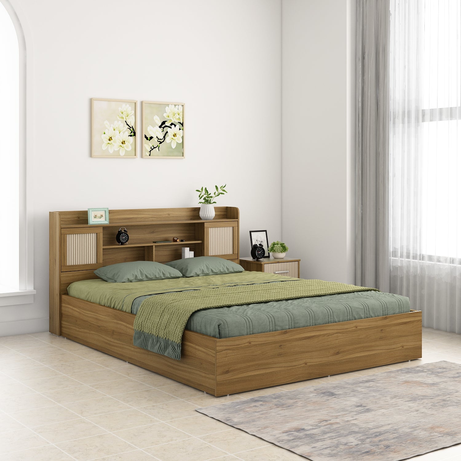 Diago Queen Bed With Box Storage In Natural Teak Color