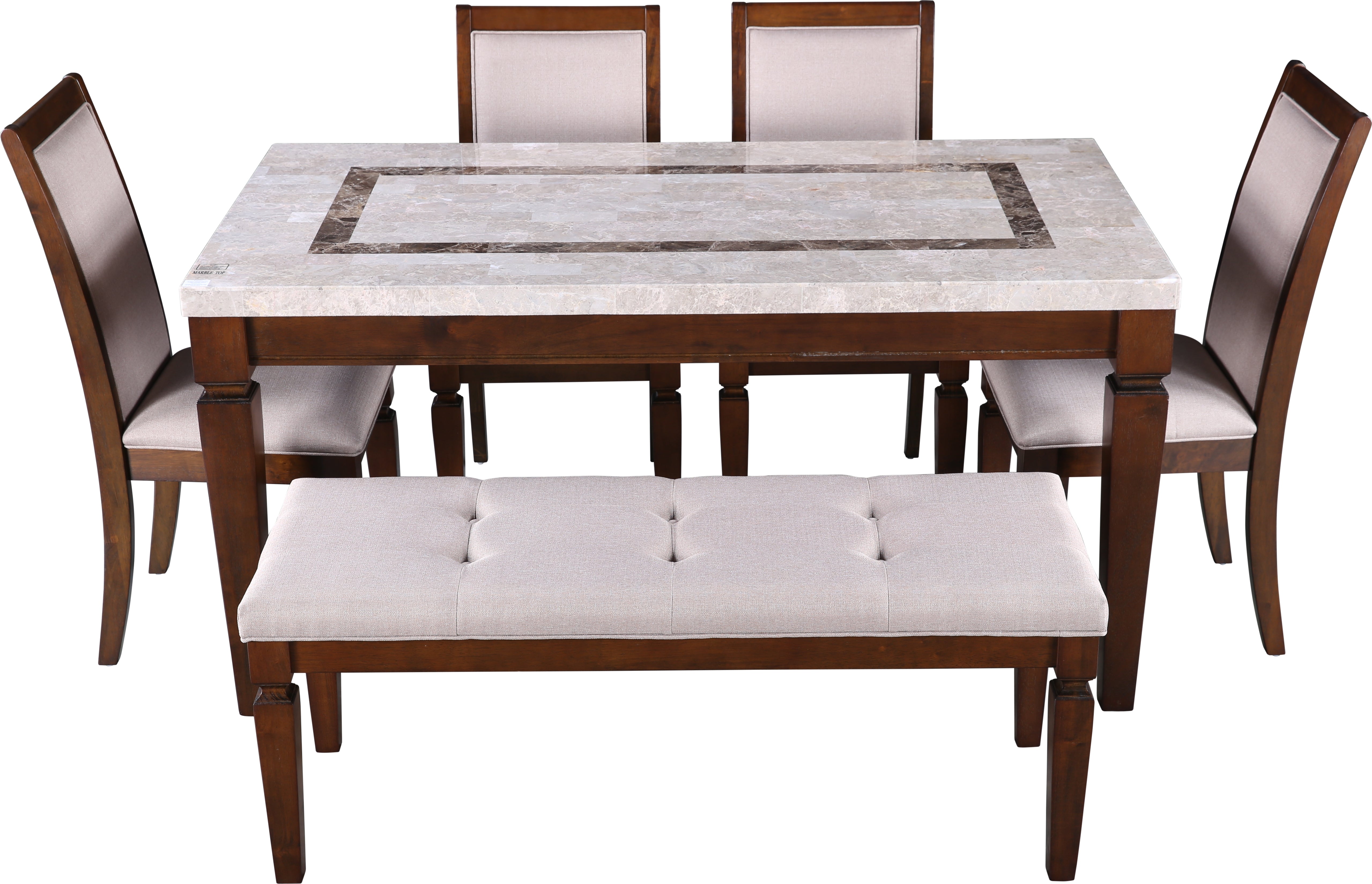 Bliss Marble Top 6 Seater Set with Bench with Inlay in Beige Colour