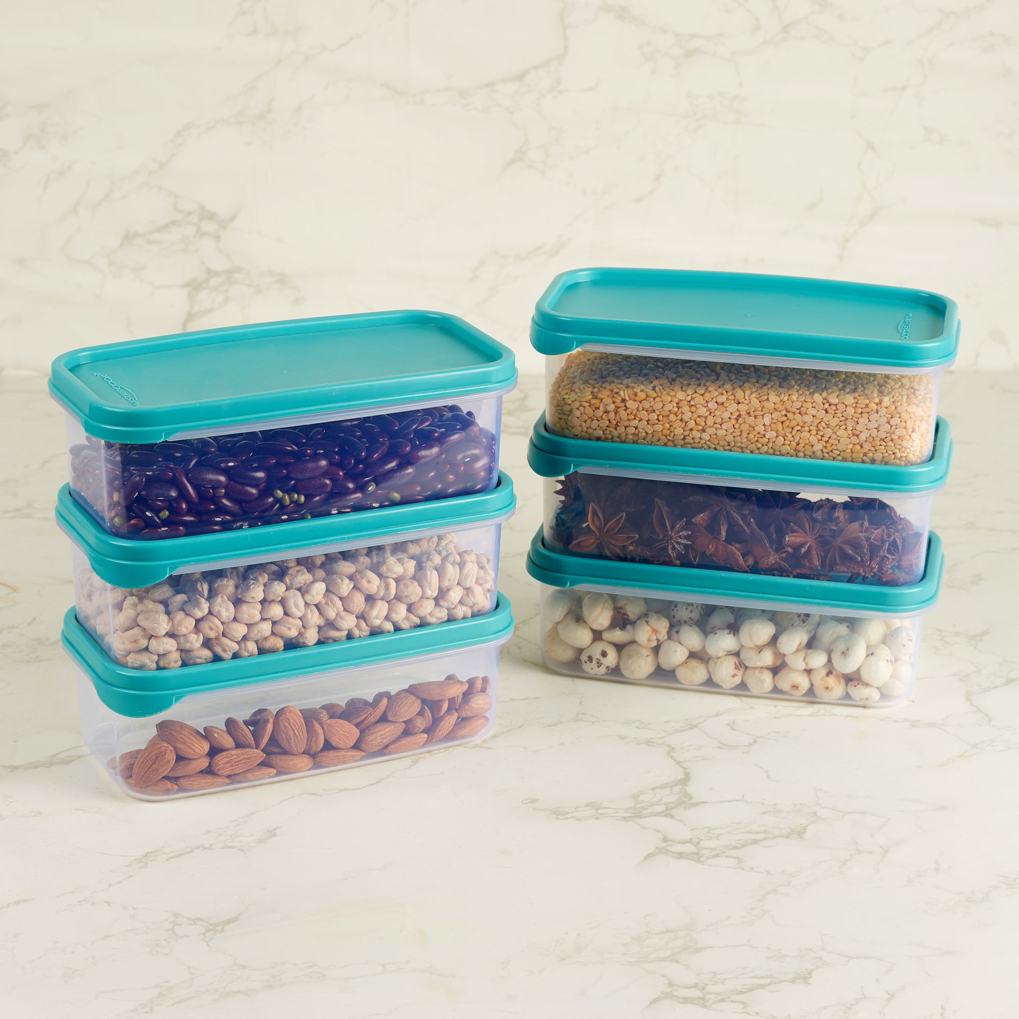 Modular Mate Plastic Rectangular Container 800ml Set of 6 in Teal & Transparent Colour