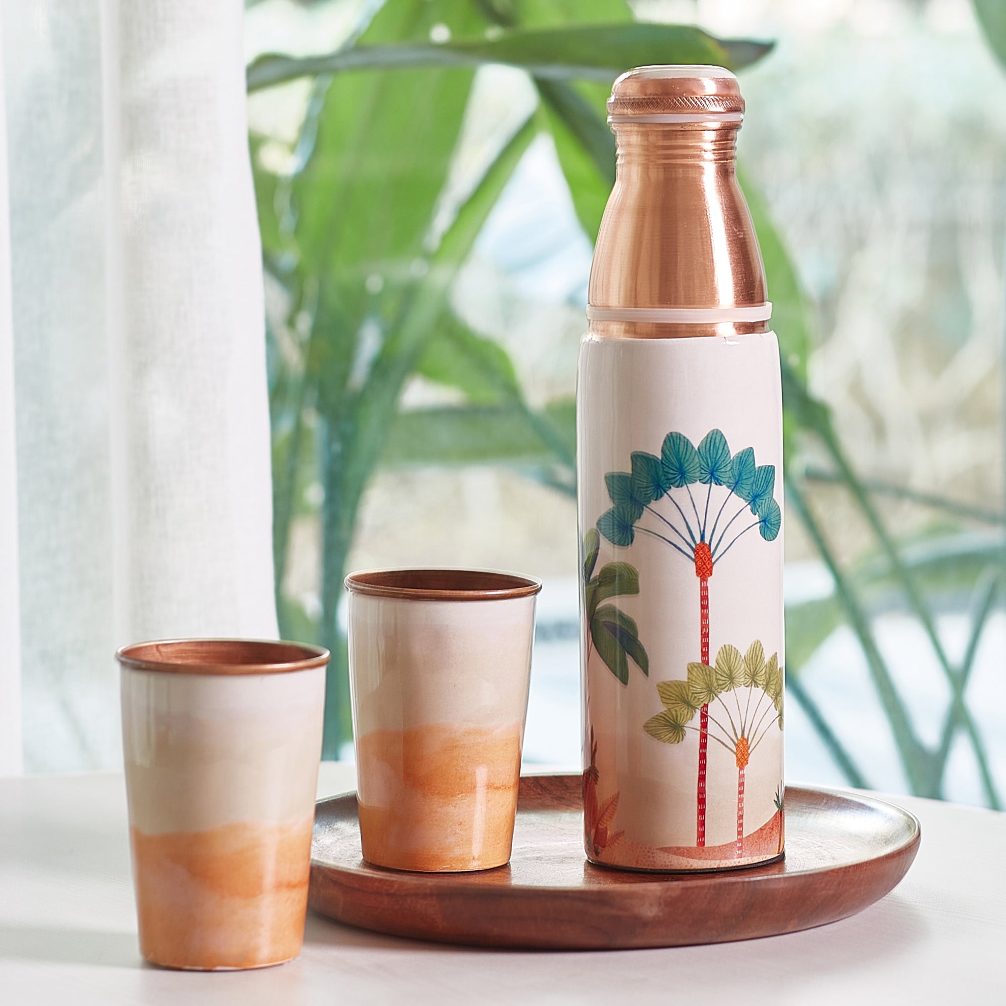 Oasis Copper Copper Bottle (1 Liter) & Tumbler (300ml) Set of 3 in Multi Colour