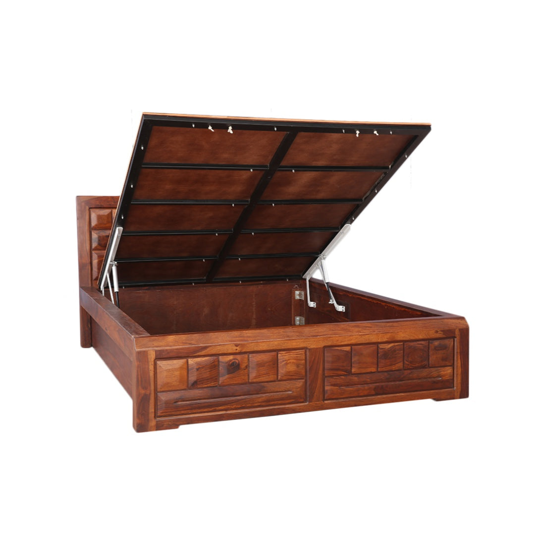 Woodrow Sheesham Wood(Rosewood) Queen bed with Hydraulic storage in Honey Colour