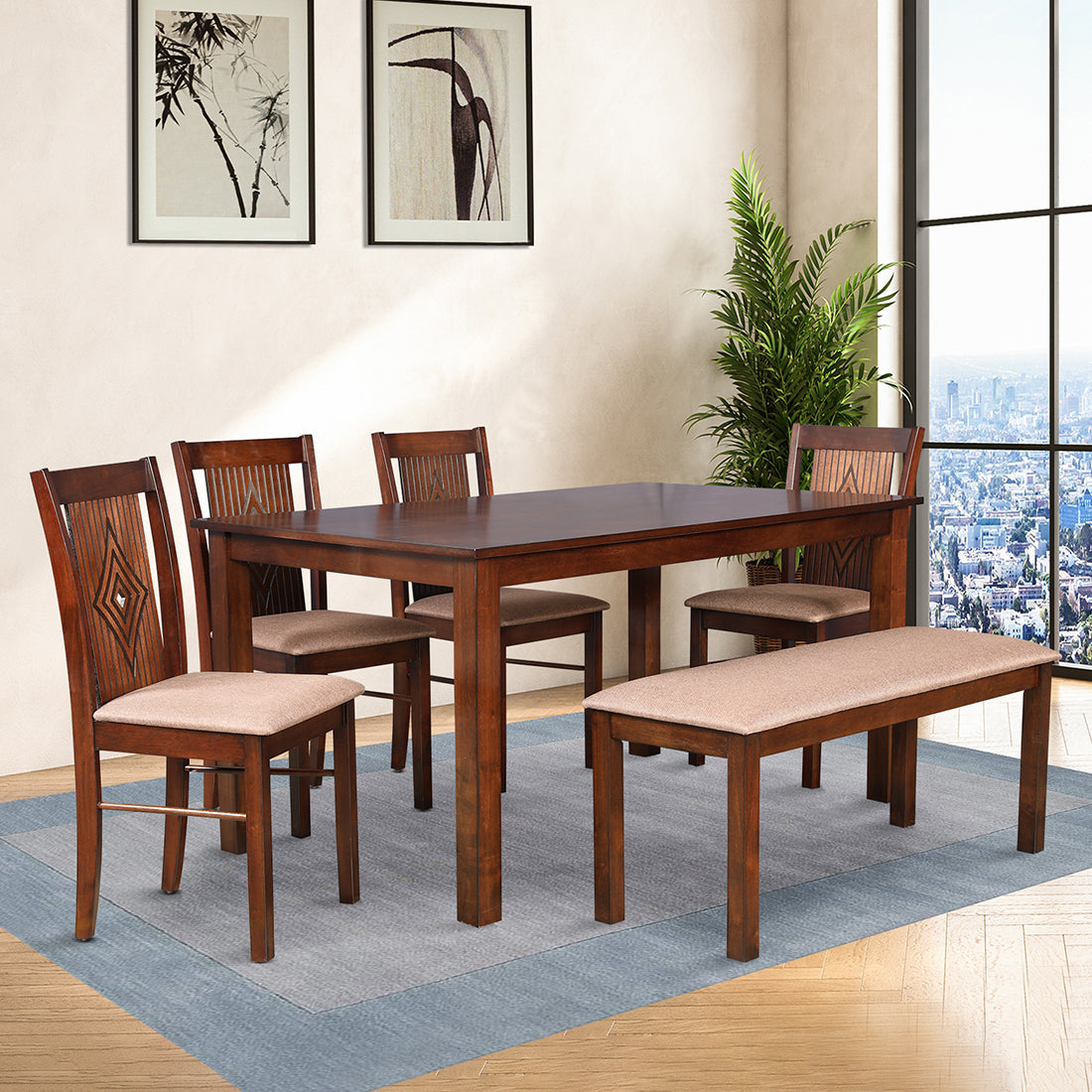 Aravali Rubberwood Six Seater Dining Set With Bench in Antique Cherry Colour