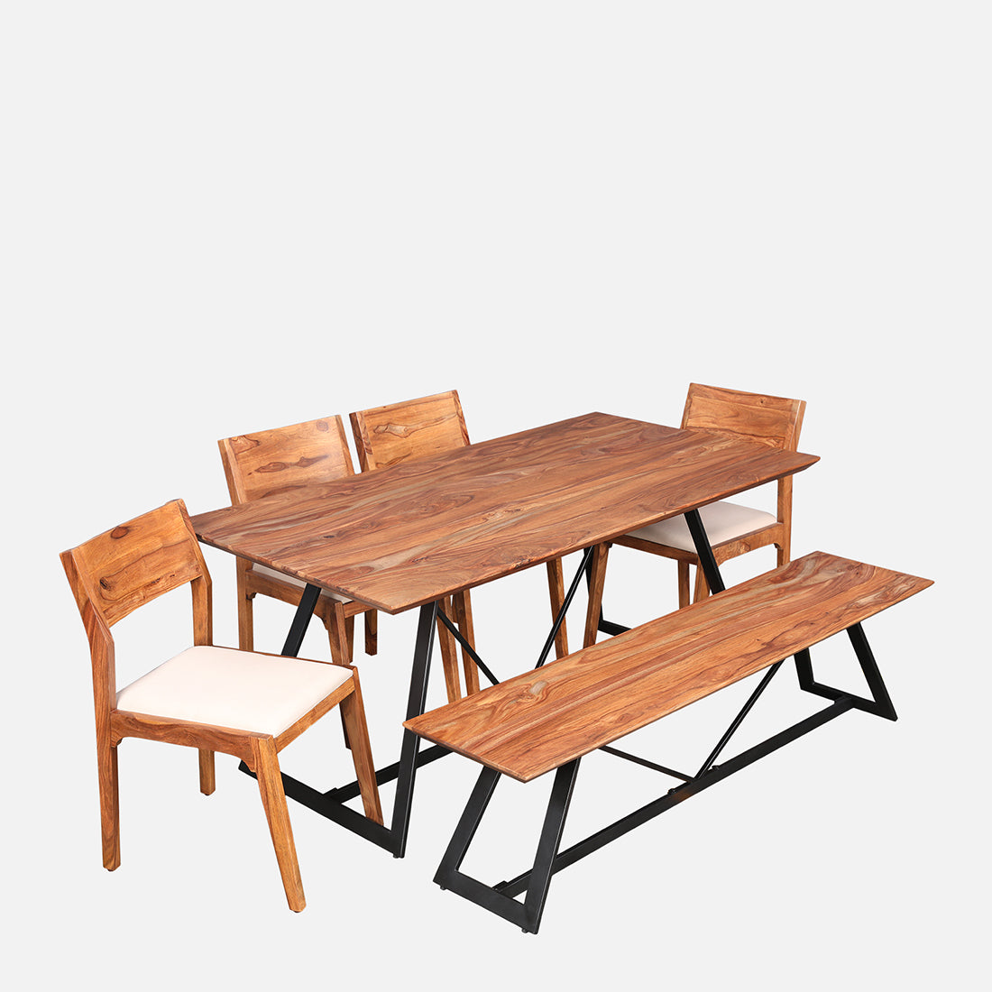Axel Solidwood Six Seater Dining Set With Bench in Natural Sheesham Colour