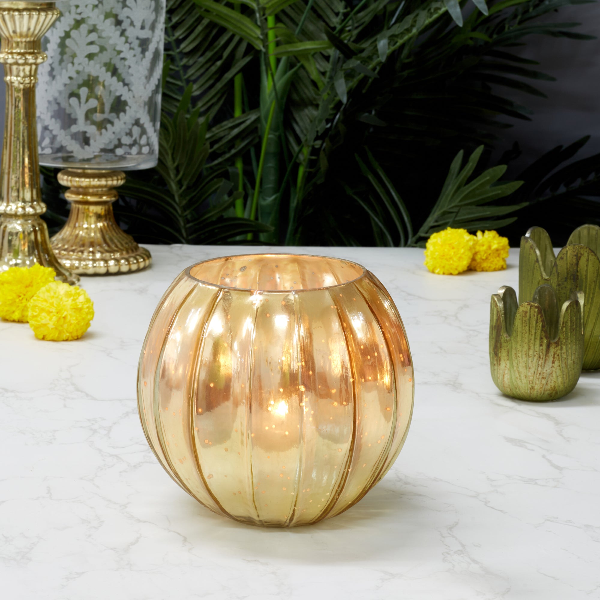 Phiona Glass Pumpkin Handcrafted Mercury Votive 14 Cm in Gold Colour