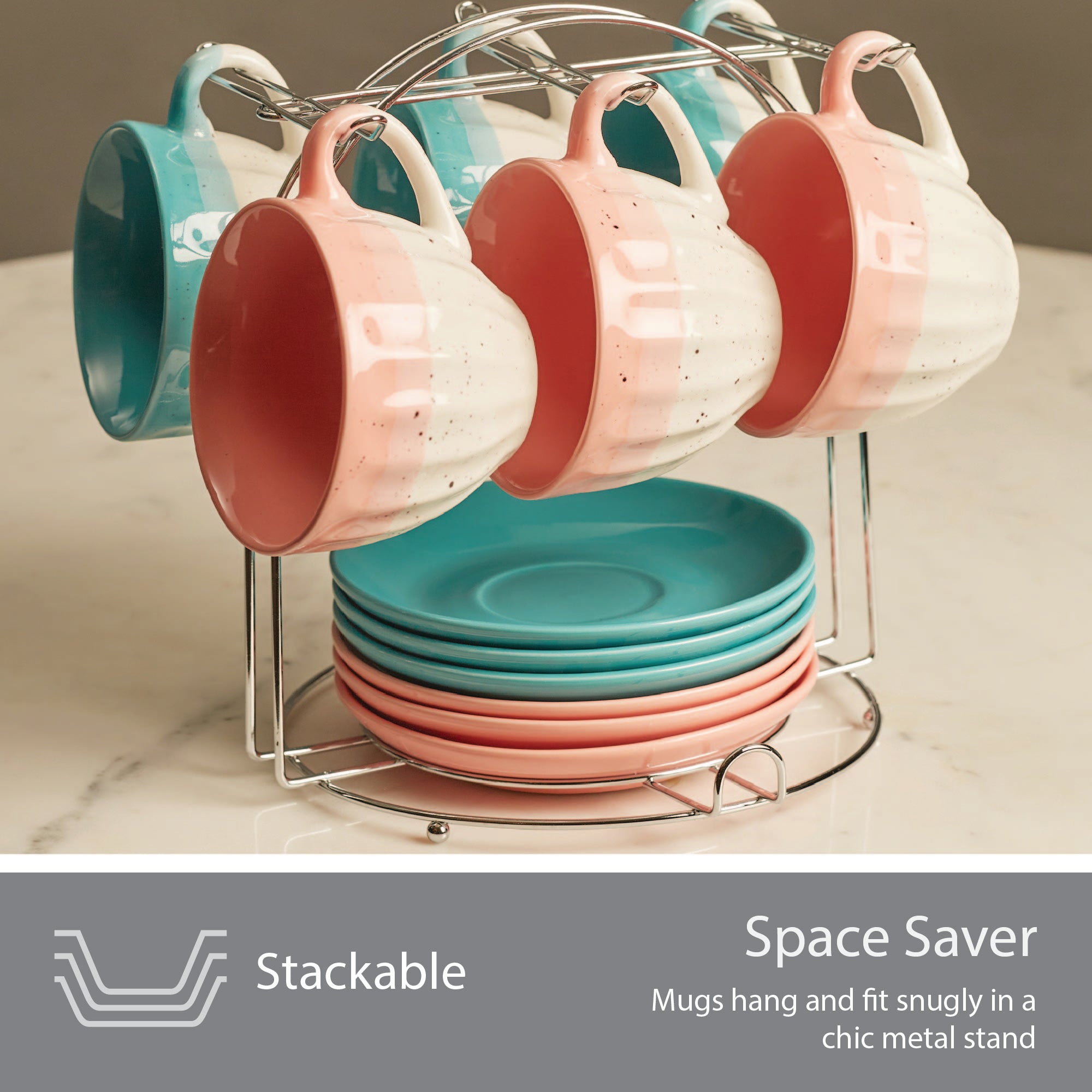 Emilia Ceramic Cup & Saucer Set Of 12 With Metal Stand in Blue & Pink Colour