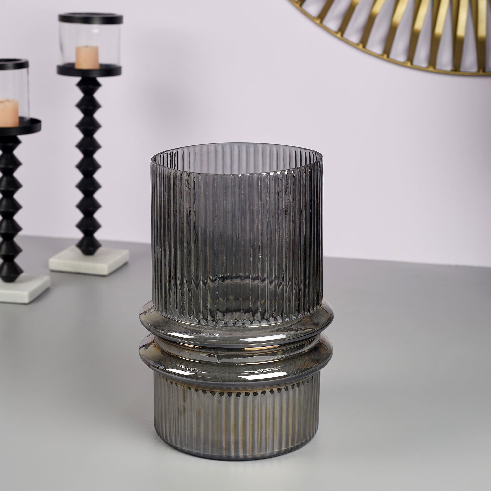 Phiona Glass Fluted Handcrafted Vase Large 31 Cm in Black Colour