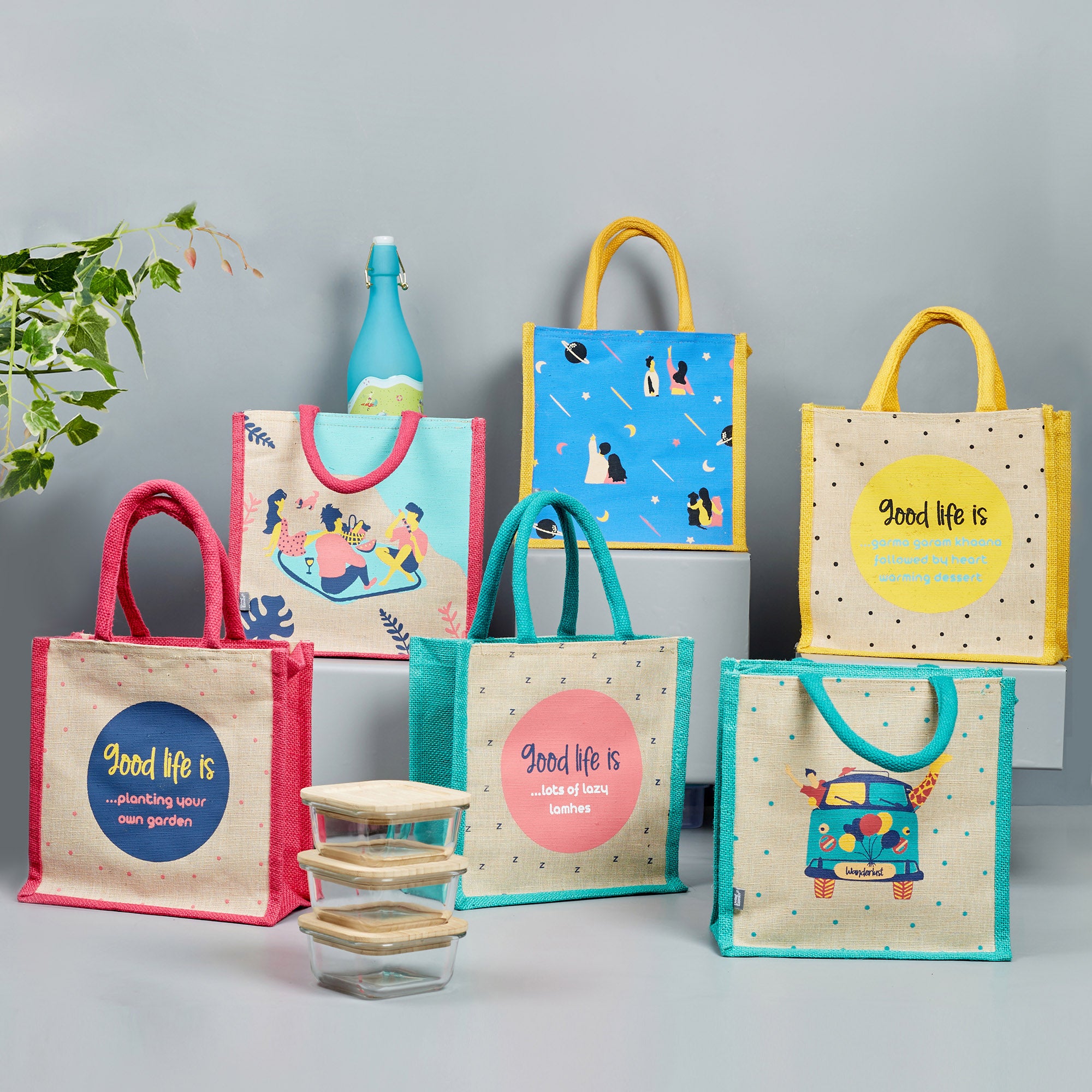 Good Life Jute Reversible Bag Garden Printed Lunch Bag 25.5 x 25.5 Cm in Multi Colour