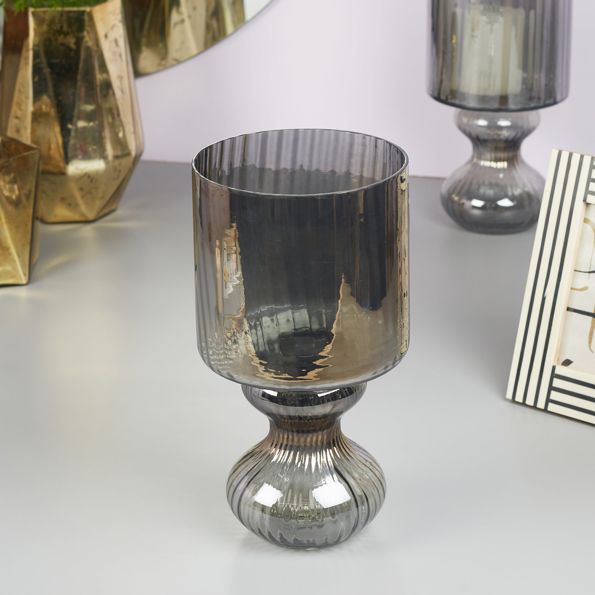 Phiona Glass Fluted Handcrafted Hurricane 29Cm in Black Colour