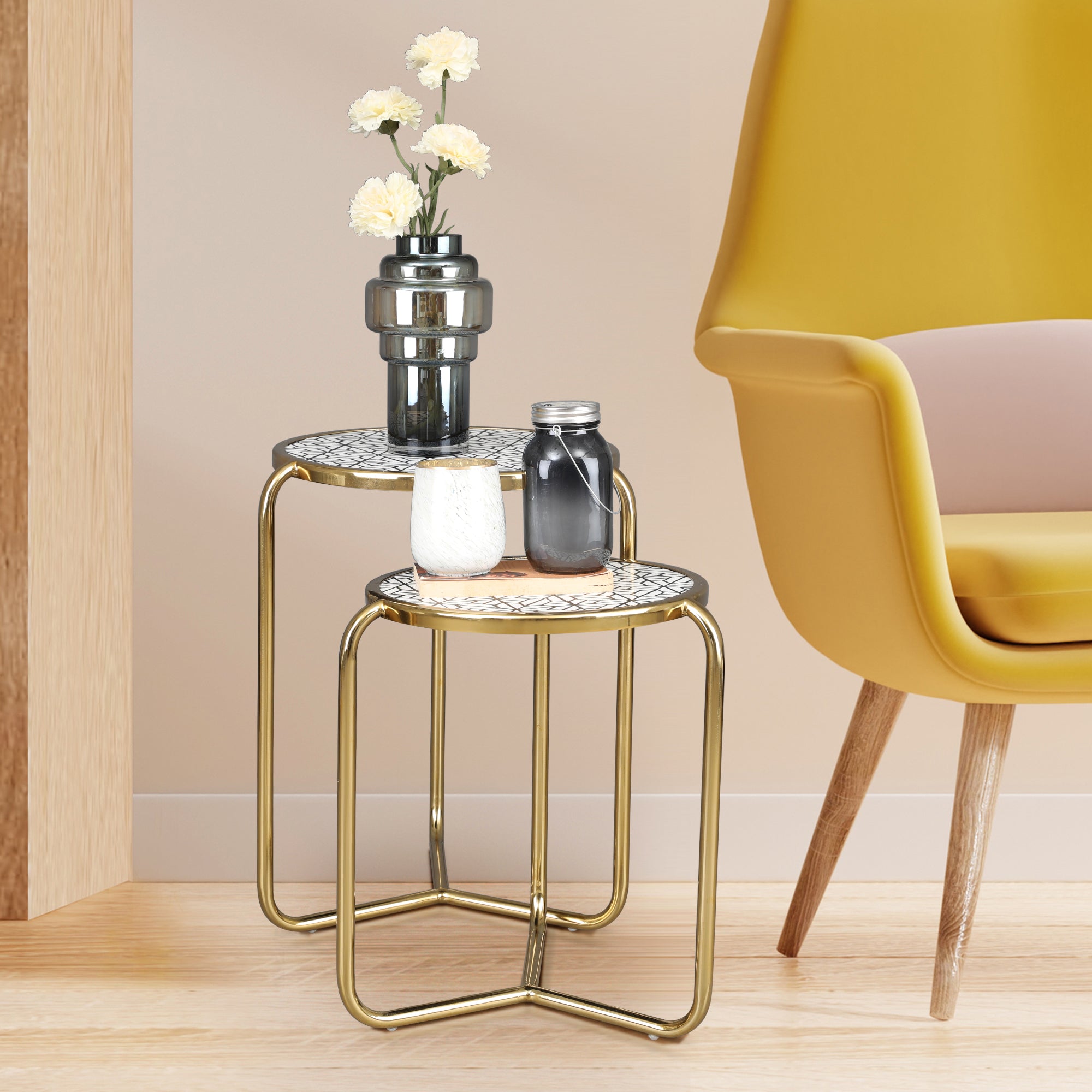 Ossein Metal Nesting Table (Set of 2) in Gold & White Colour