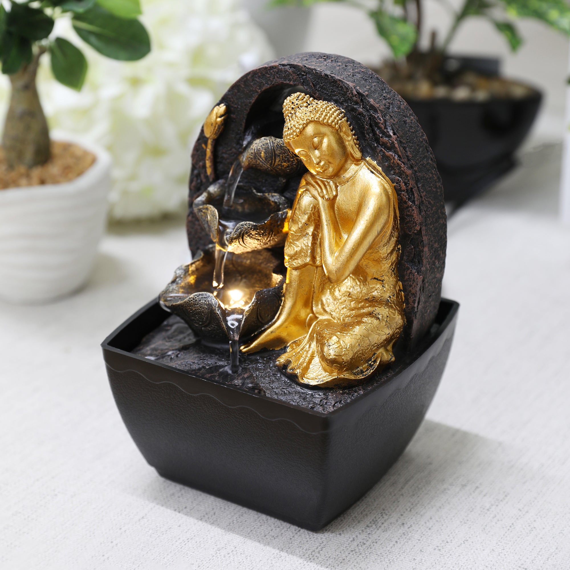 Impression Polyresin Relaxing Buddha Fountain 13X18Cm in Black Gold Colour