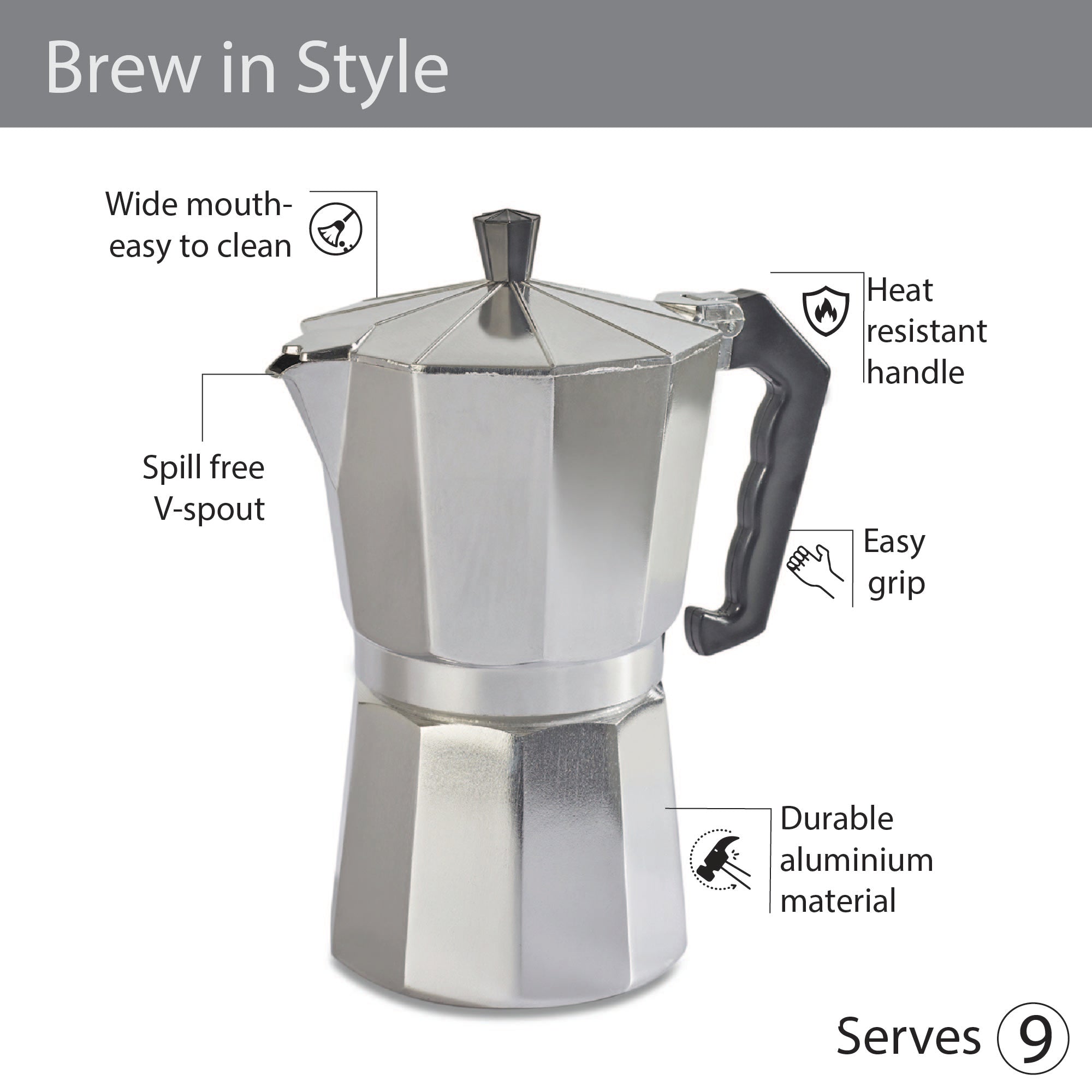 Brew Aluminium Moka Pot Coffee Maker 450 ml in Silver Colour