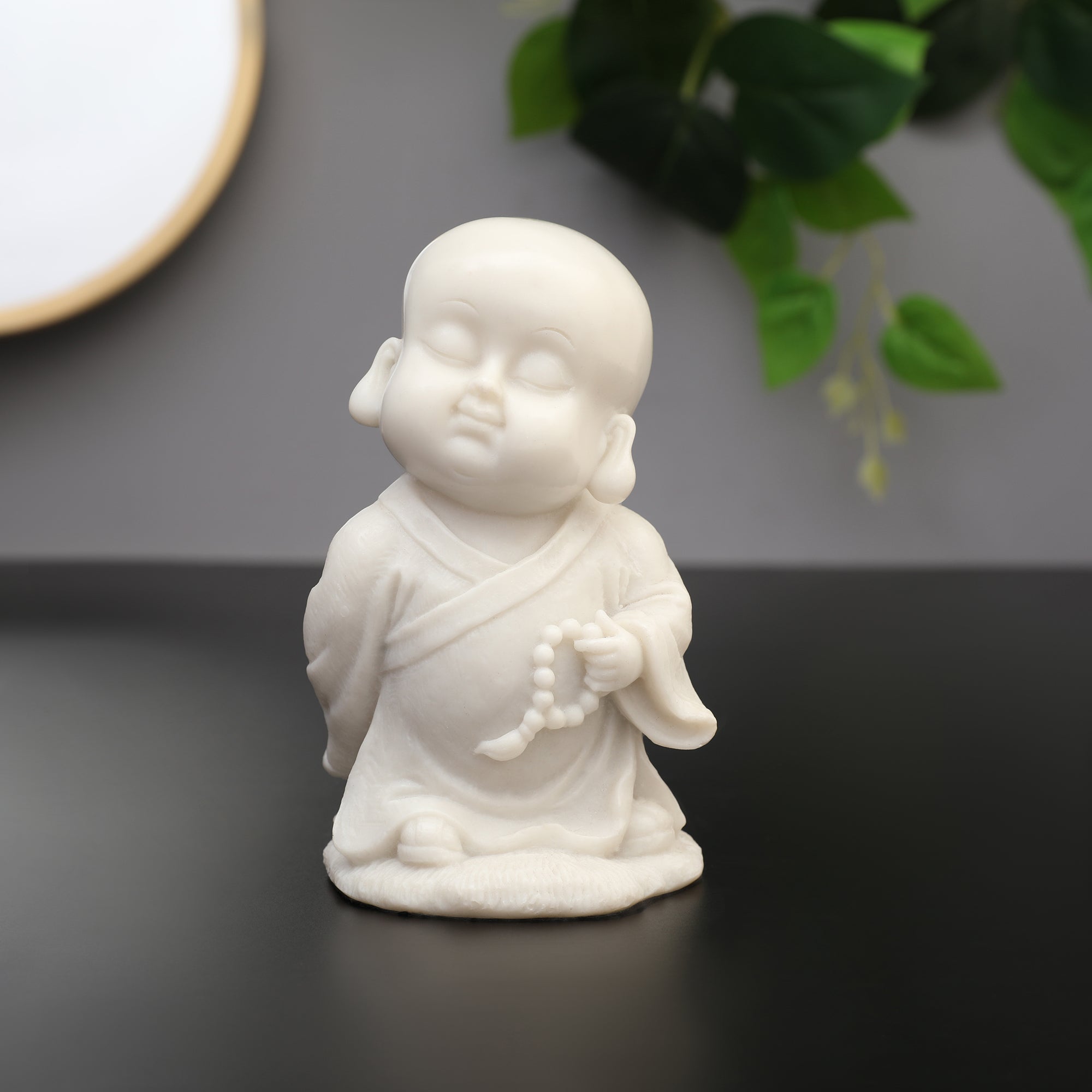 NAQSH MONK WITH MALA IN LEFT HAND, POLYRESIN HAND FINISHED FIGURINE WHITE BY LIVNG ESSENCE