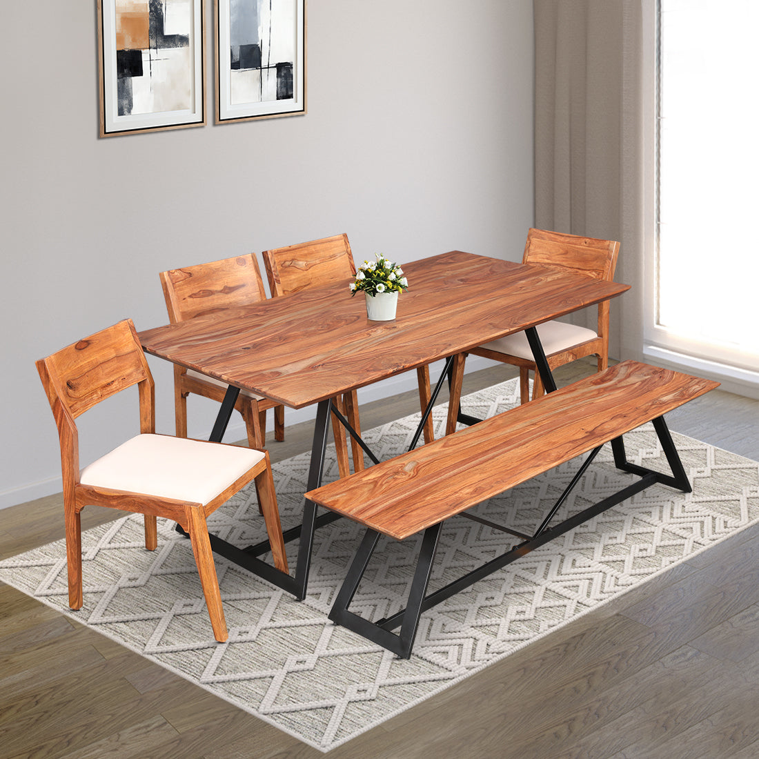 Axel Solidwood Six Seater Dining Set With Bench in Natural Sheesham Colour
