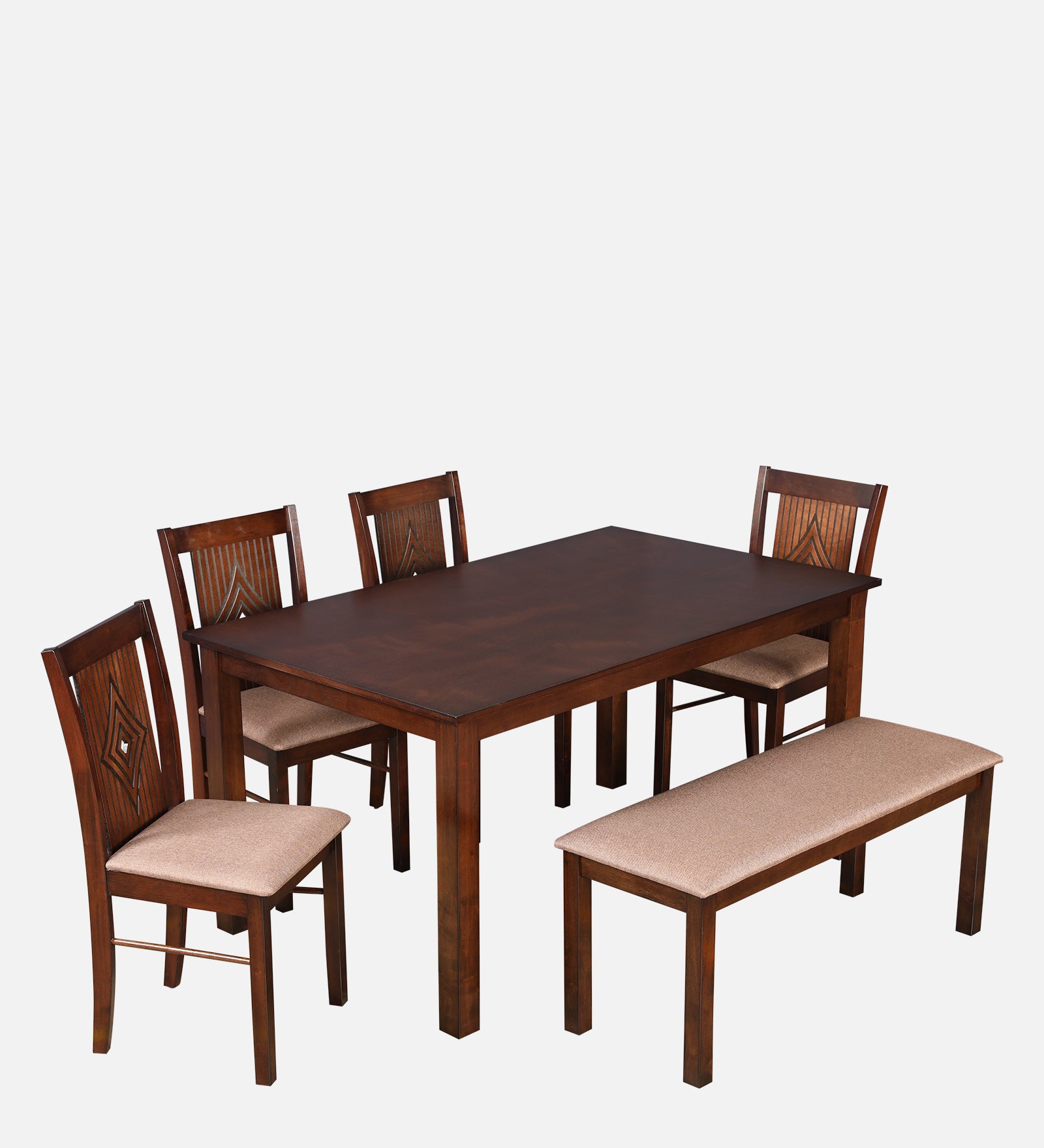 Aravali Rubberwood Six Seater Dining Set With Bench in Antique Cherry Colour