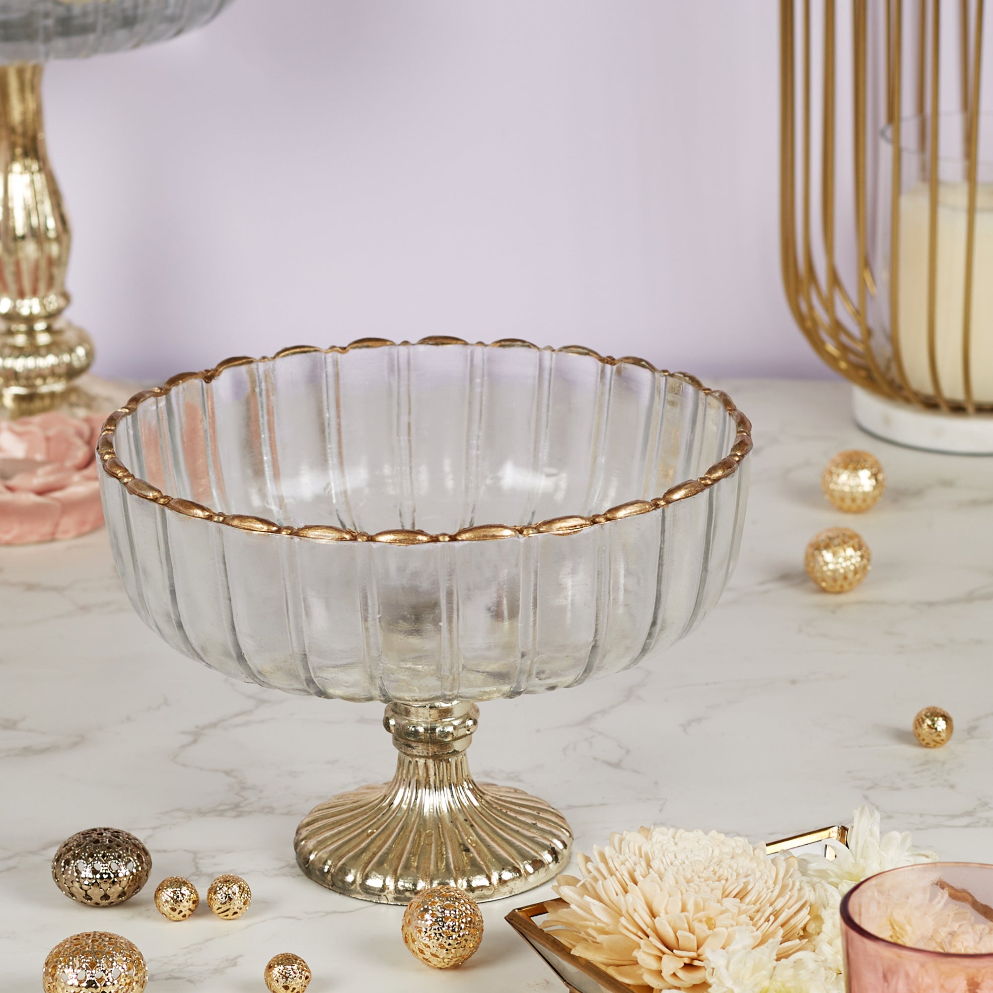 Phiona Glass Fluted Handcrafted Bowl 13 Cm in Gold Colour