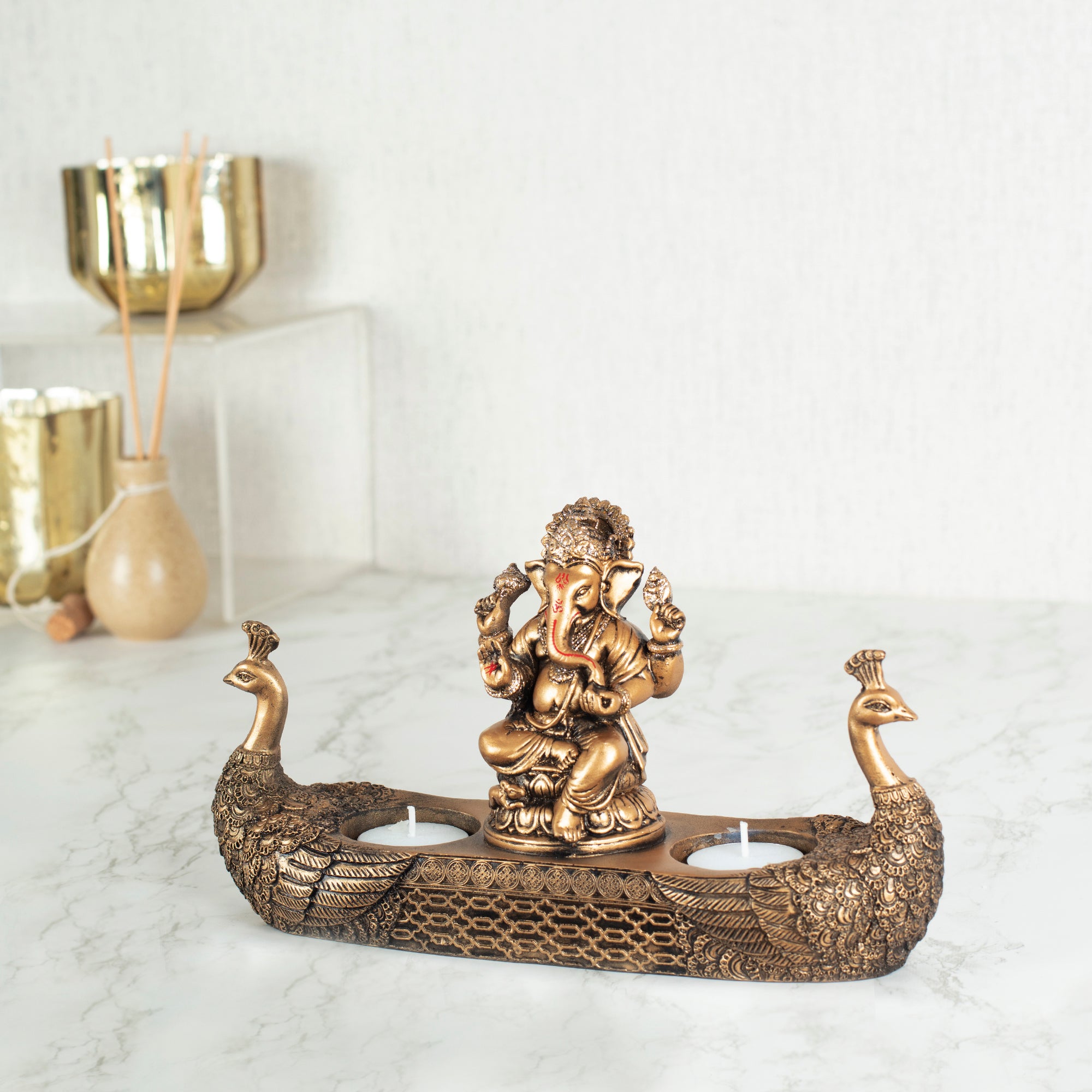 Dynast Polyresin Embellished Ganesha Hand Finished Figurine Cum Tealight Holder 14Cm in Gold Colour