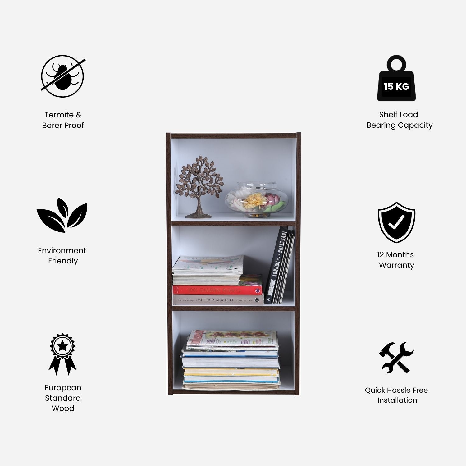 Mezzola Engineered Wood 3 Tier Bookshelf Small in Wenge Colour