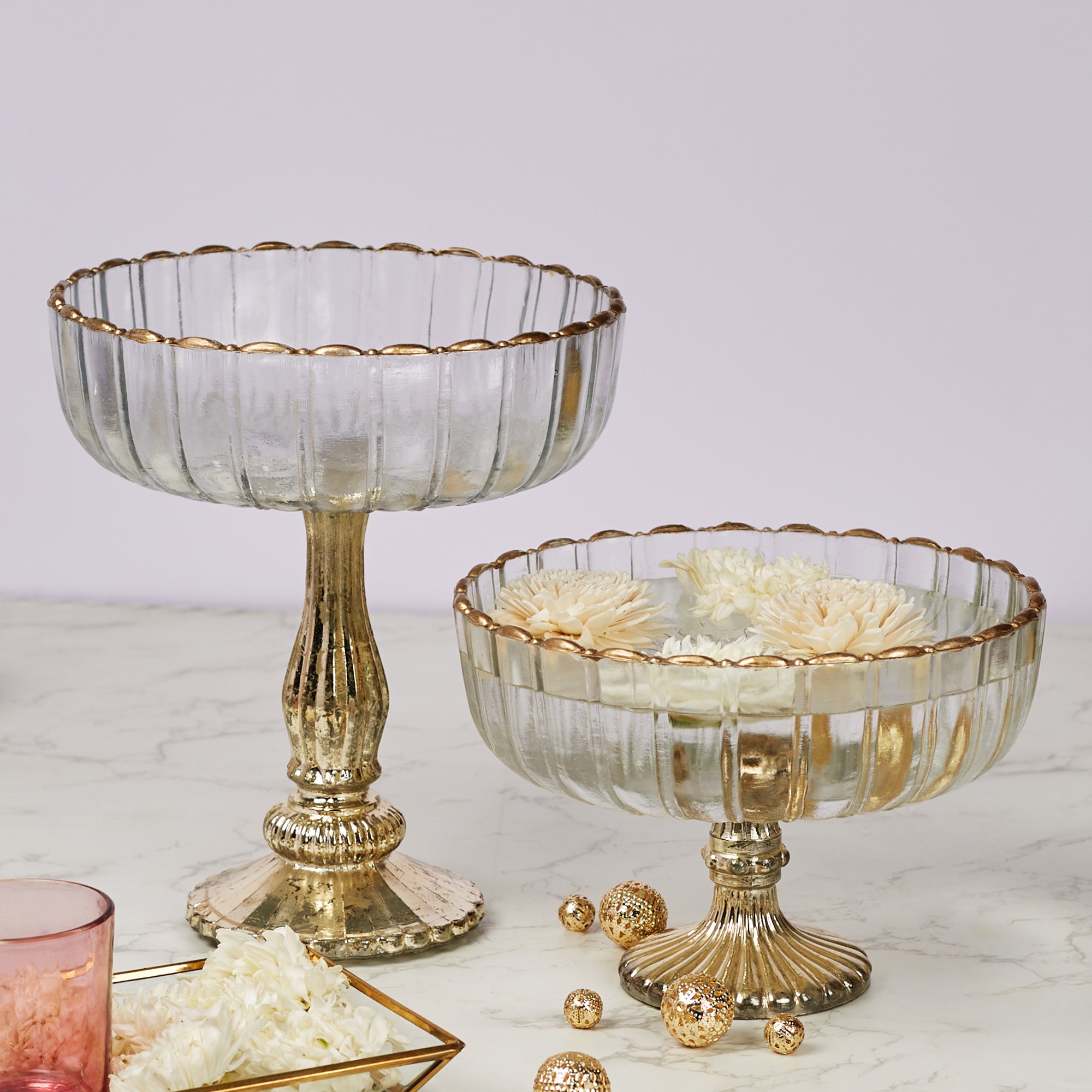 Phiona Glass Fluted Handcrafted Bowl 24 Cm in Gold Colour