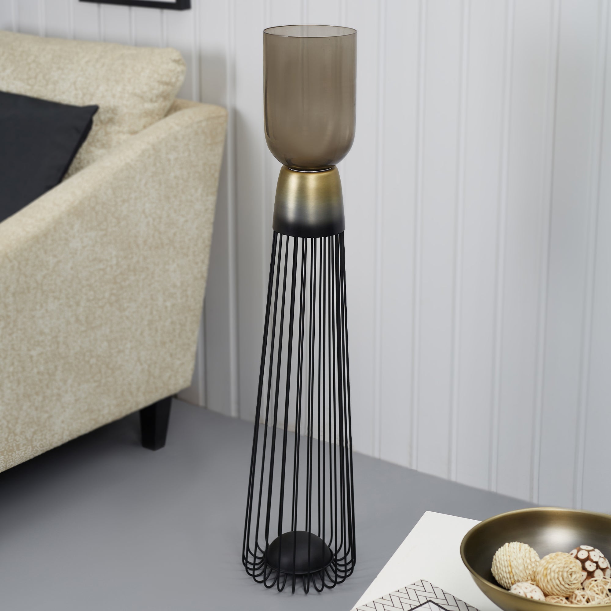 Zeus Iron and Glass Ombre Wired Candle Holder 20x105 Cm in Antique Gold & Black Colour
