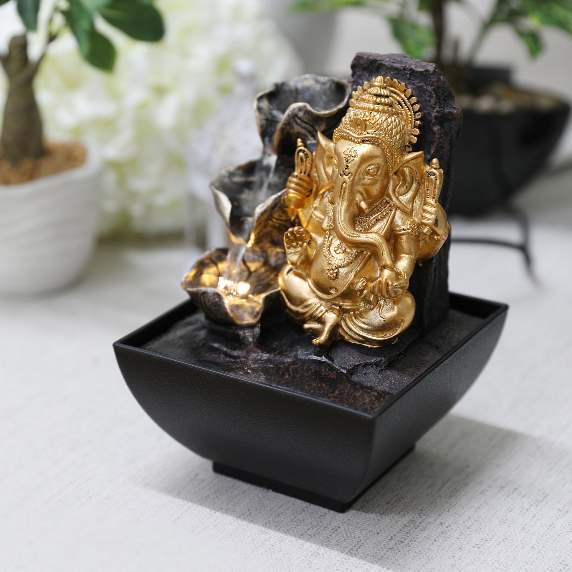 Impression Polyresin Meditating Ganesha Fountain 13X18Cm in Black Gold Colour