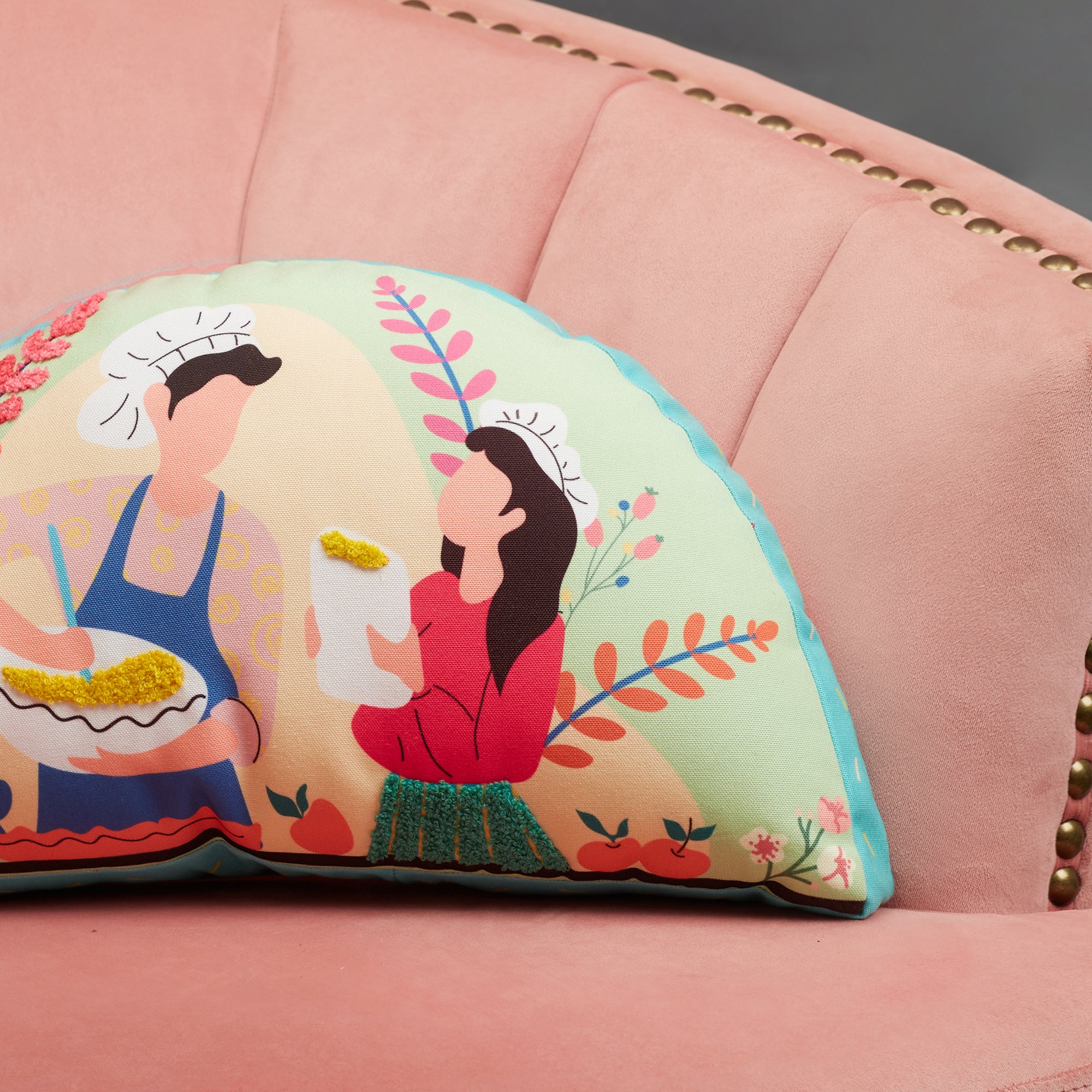 Good Life  Reversible Cooking Together Digital Printed Shaped Cushion 27x47 Cm in Fuchsia Colour