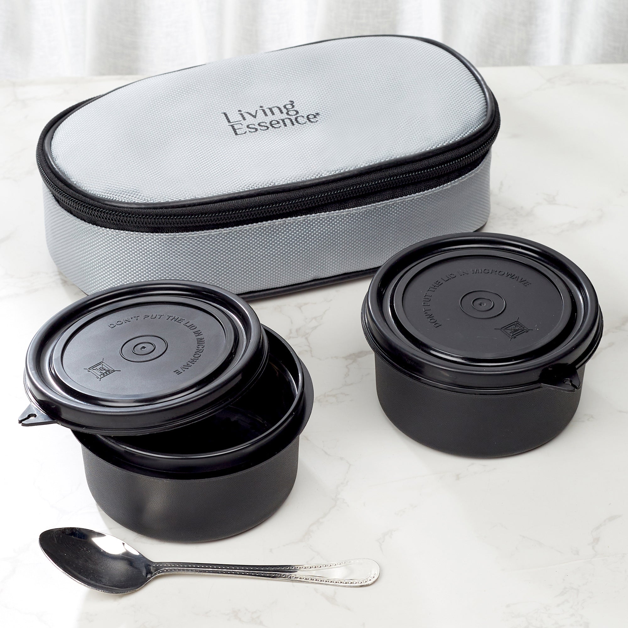 Microsafe 100% BPA Free Plastic & Stainless Steel Mega Lunch Box 400ml Set of 2 + Carry Bag in Grey Colour