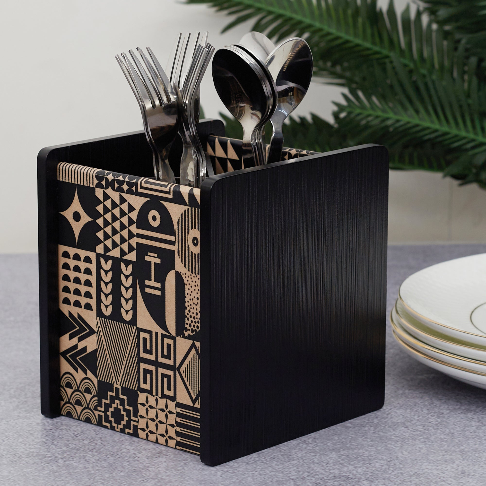Print Modern Black Engineered Wood Cutlery Holder in Multi Colour