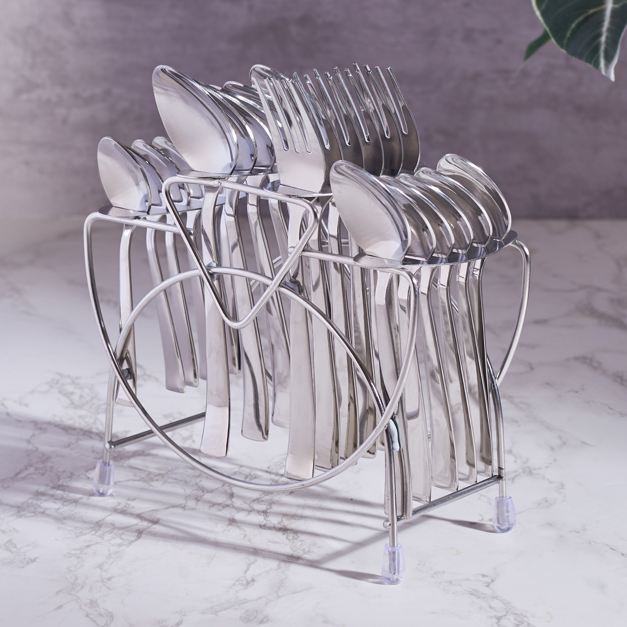 Utsav Stainless Steel Classic Cutlery Set of 24 Pieces With Stand in Silver Colour