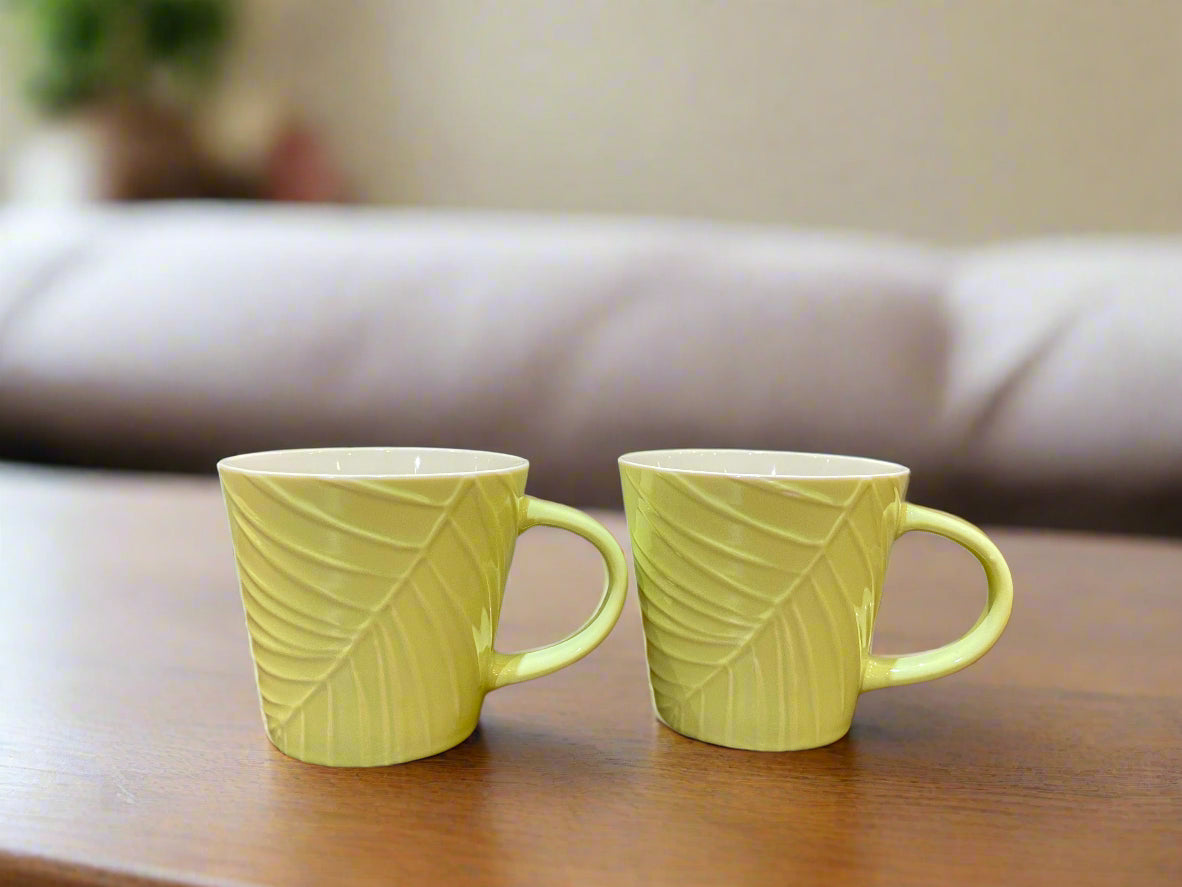 Living Essence Embossed Bone China Mug 320ml Set of 2Pcs in Green Colour