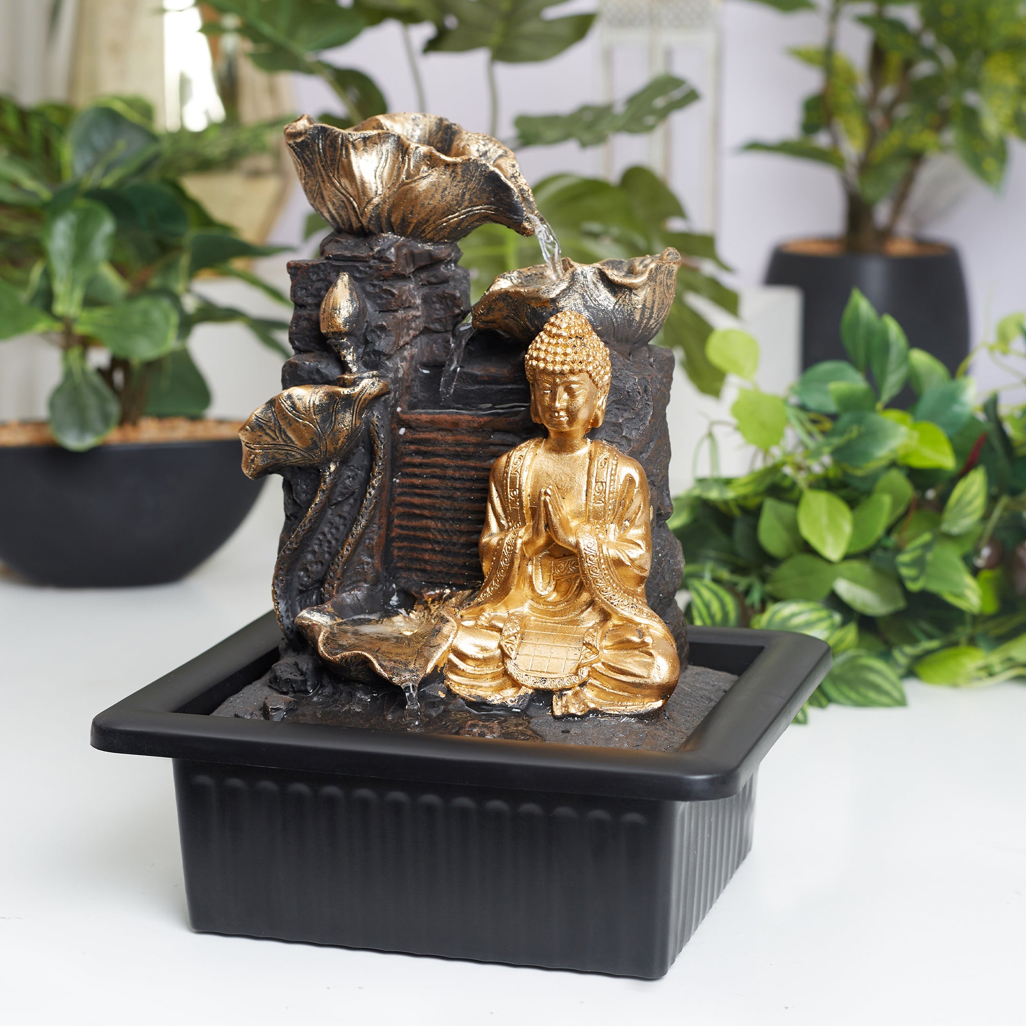 Impression Polyresin Buddha Petal Water Fountain 21x17x25 Cm in Antique Gold Colour