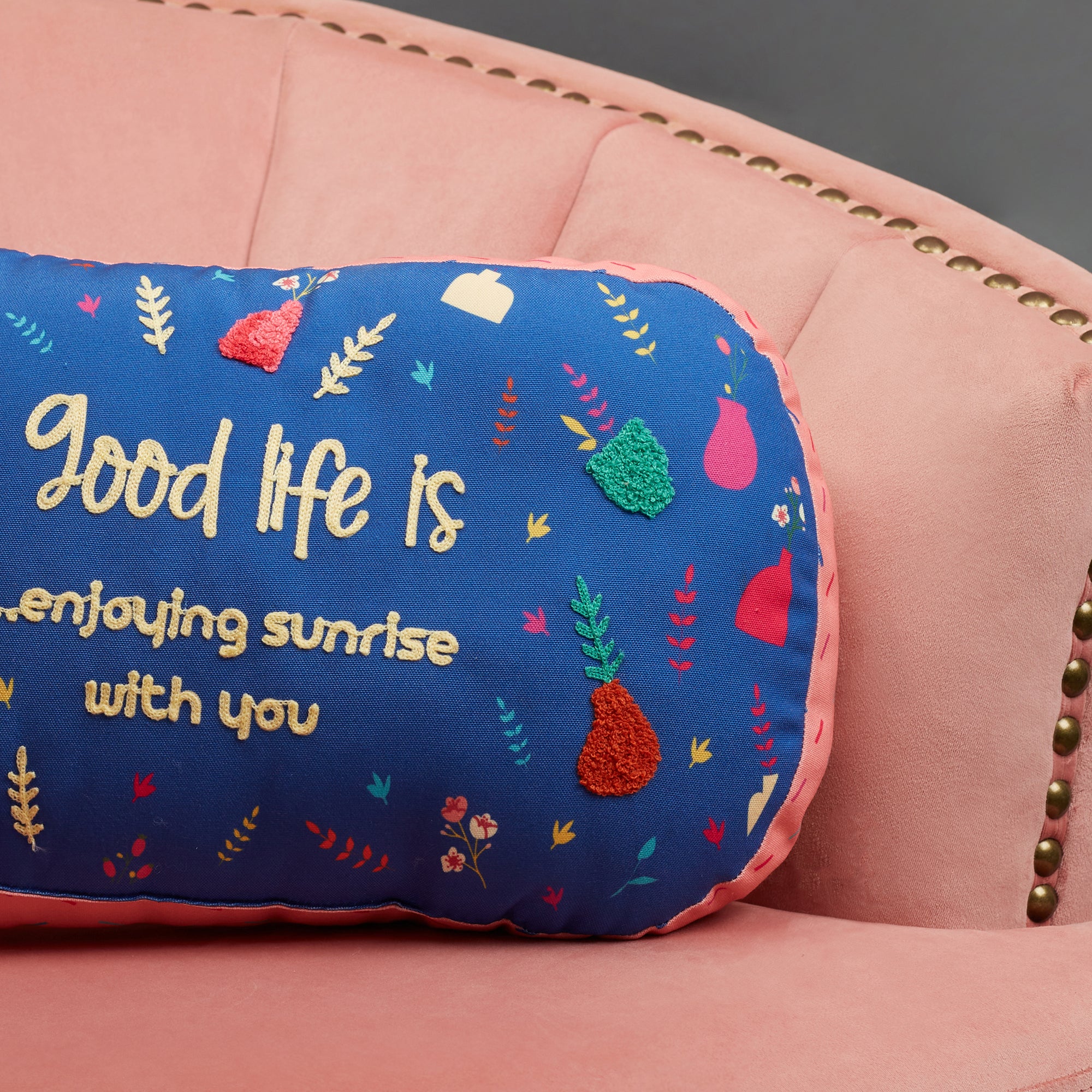 Good Life  Reversible Sunrise Digital Printed Shaped Cushion 28x45 Cm in Navy Colour