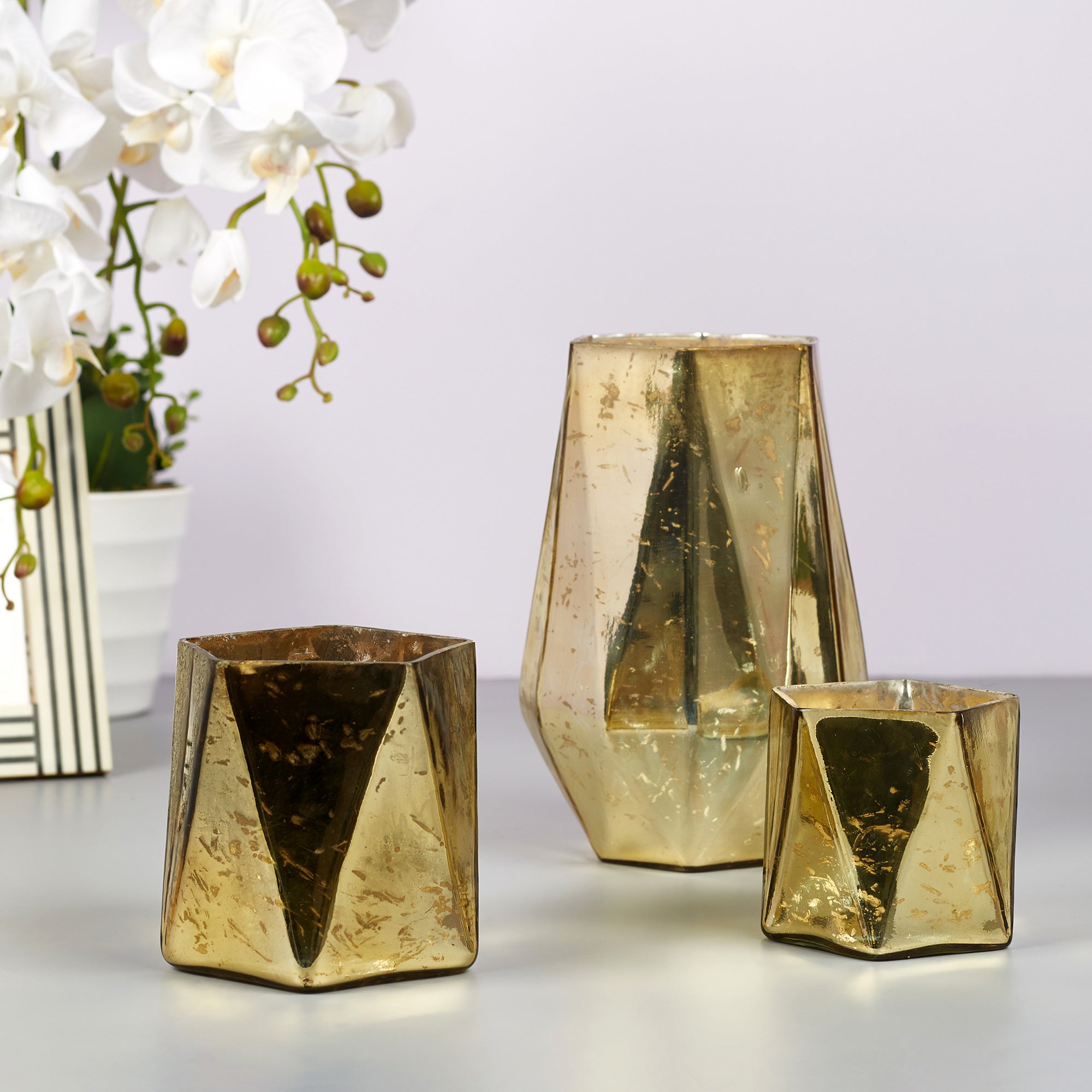 Phiona Glass Hexa Handcrafted Votive Mercury 24 Cm in Gold Colour