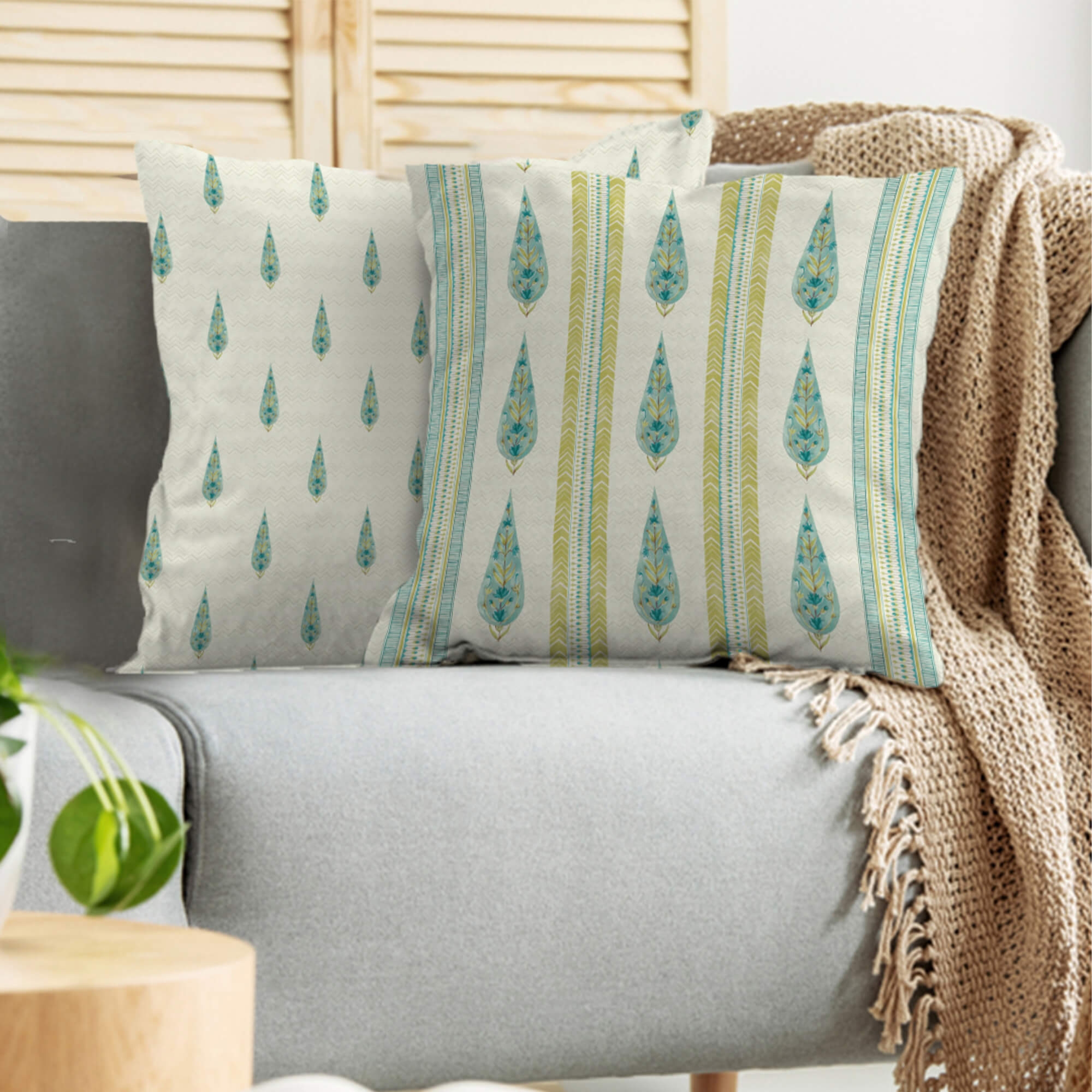 Indian Botanical Reversible Stripe Digital Printed Cushion Cover 40x40 Cm in Aqua Colour