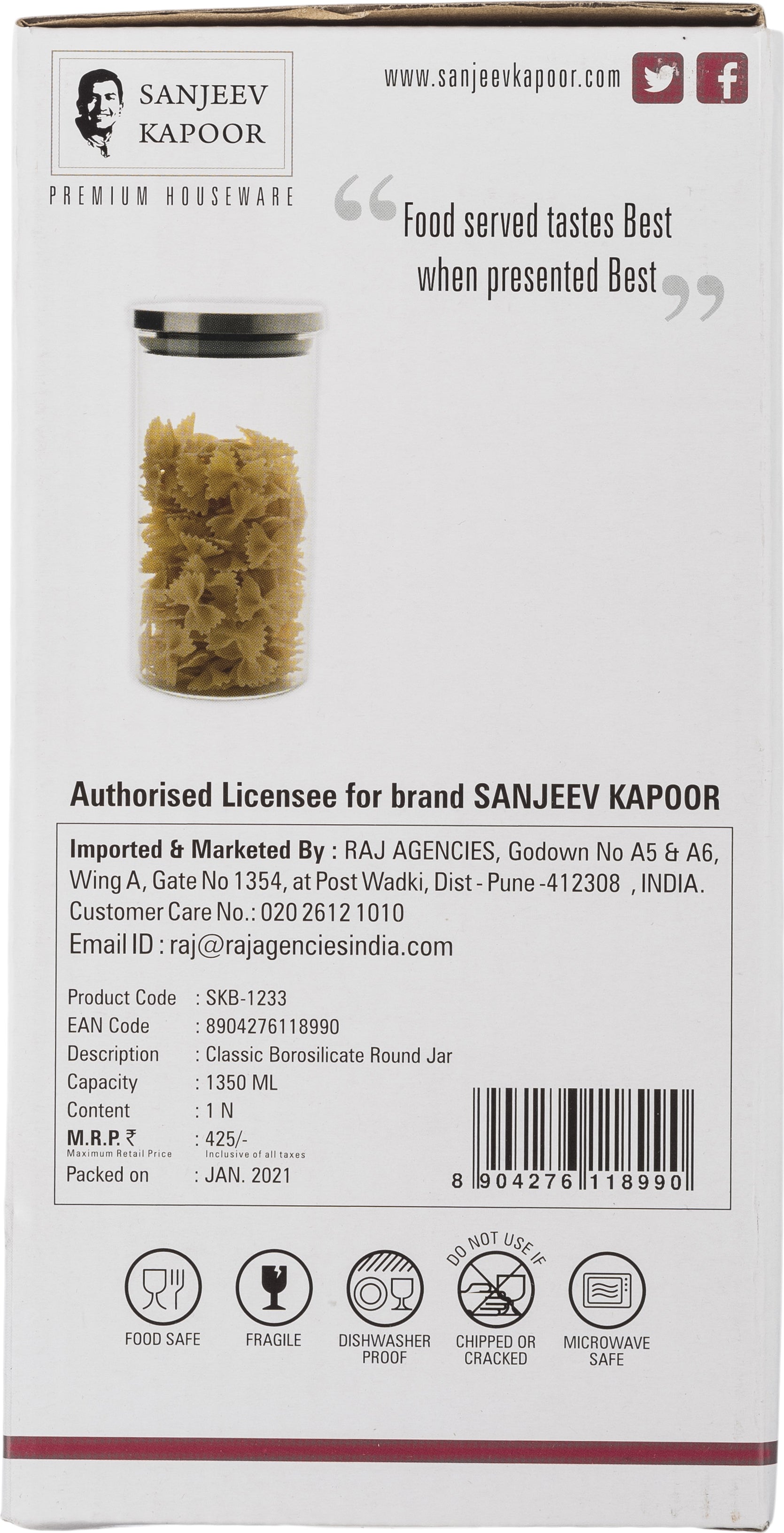 Classic Borosilicate Glass Round Jar 1.3 Ltr by Sanjeev Kapoor