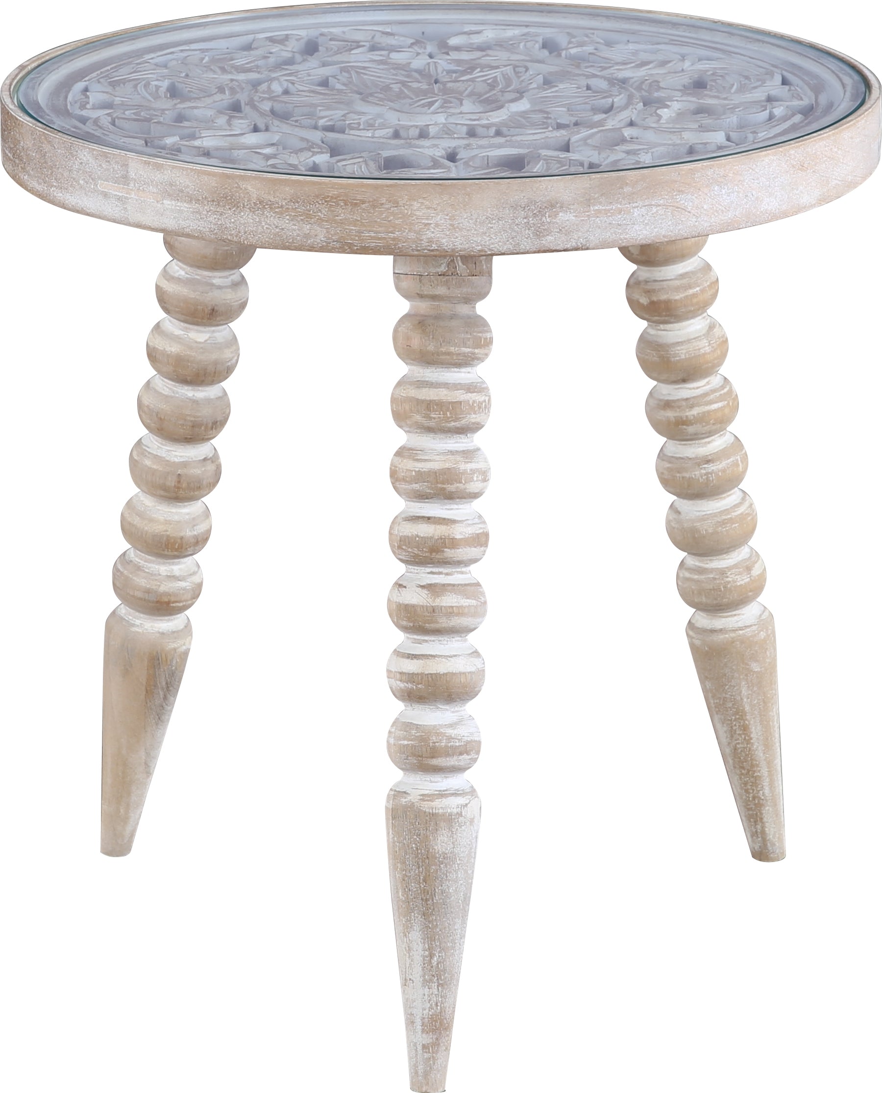 Antico Mango Wood Carved Stool in White Colour