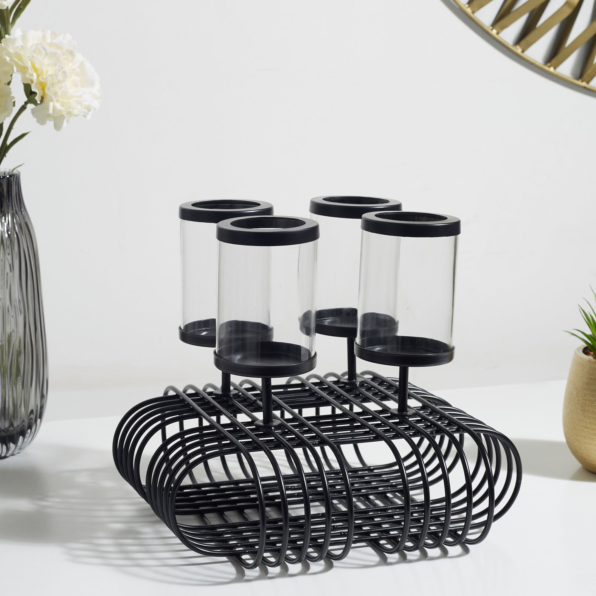Sovereign Iron and Glass Wired 4 Pillar Holder 28x22Cm in Black Colour