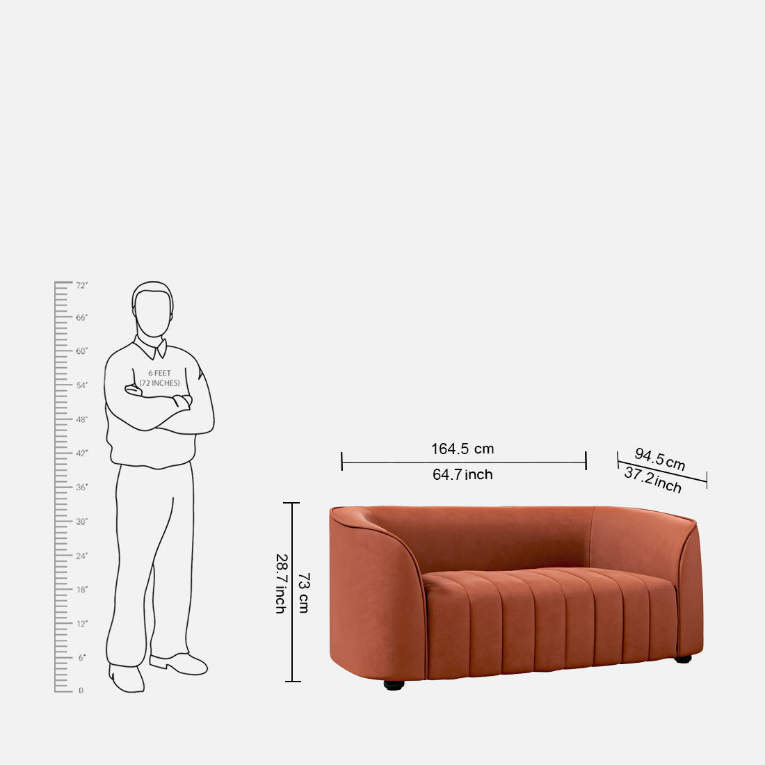 Elise Velvet Fabric Two Seater Sofa in Rust Colour