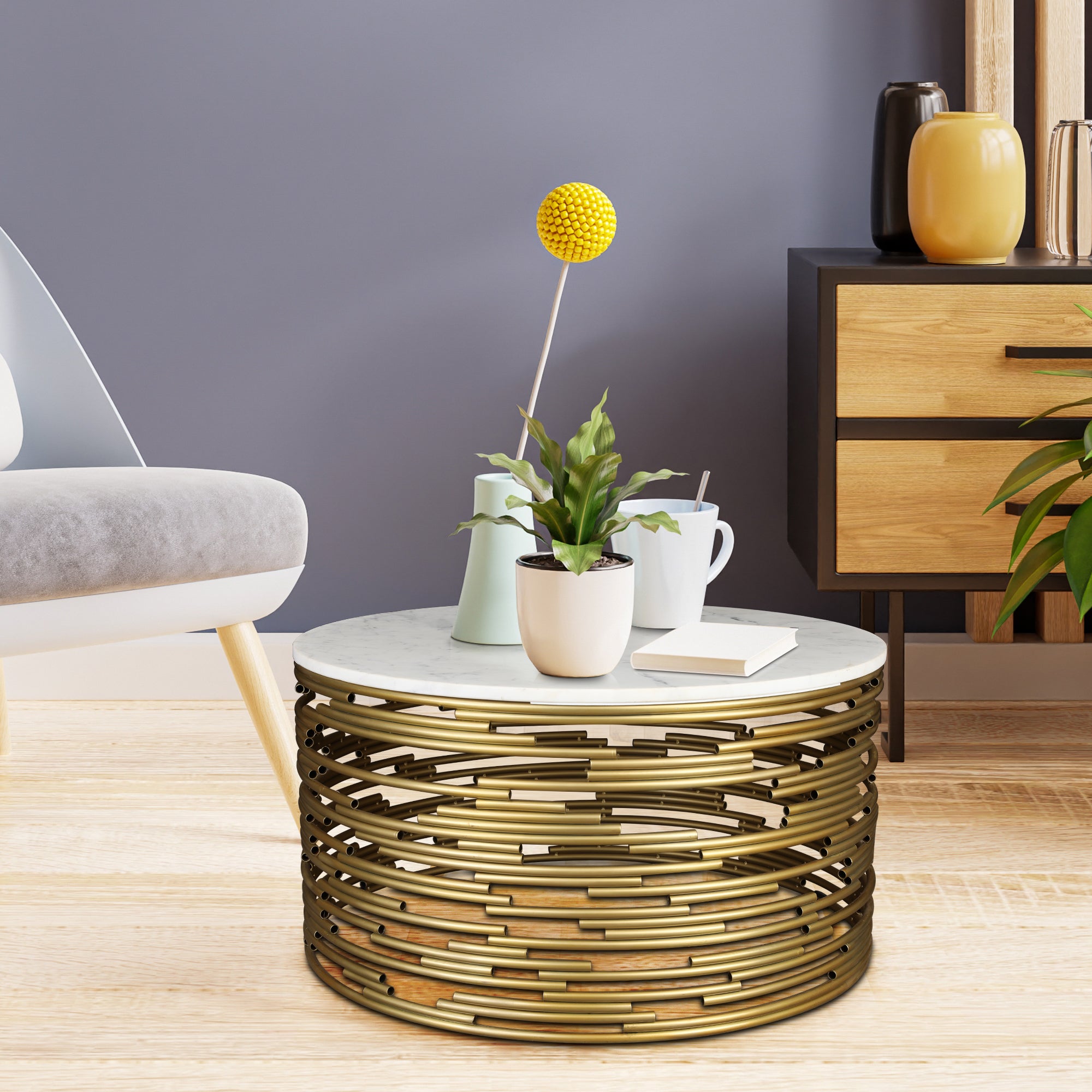 Aurnia Marble Top Center Table in White & Gold Colour