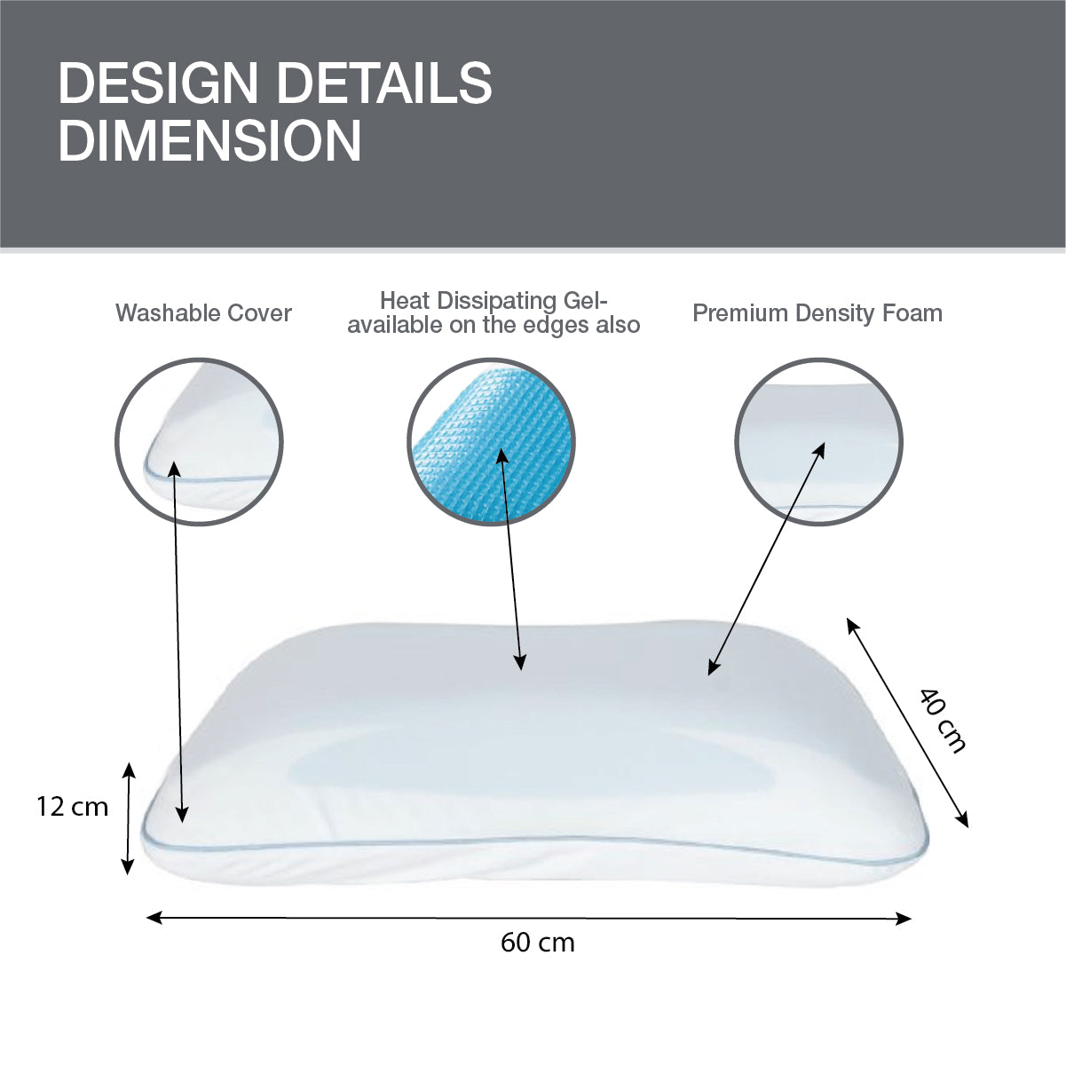 Contoura Gel Memory Foam Pillow with Special Cooling Wings for Survical Support 60X40X12 Cms in White Colour