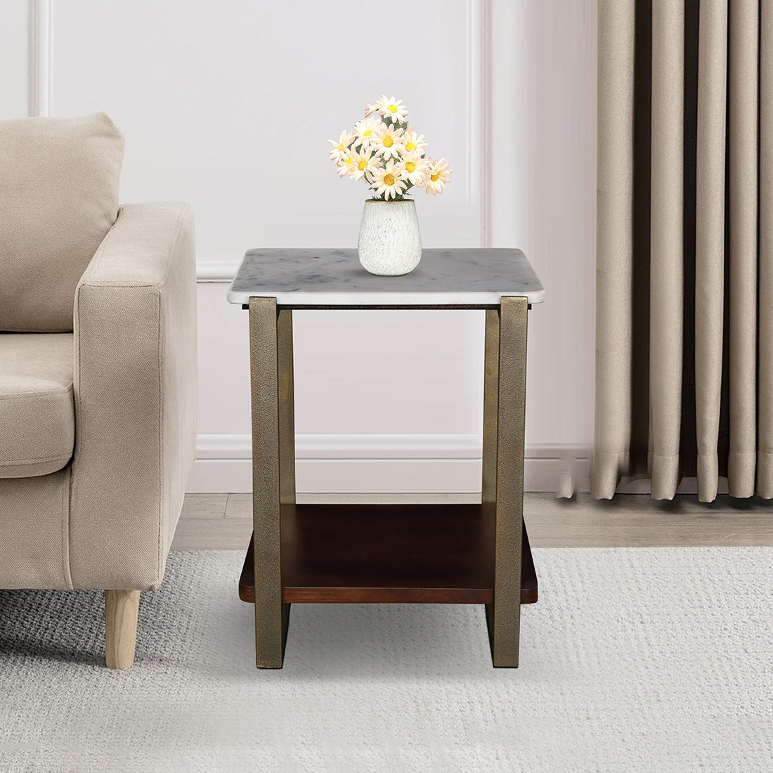 Ellis Metal Side Table in White and Walnut Colour